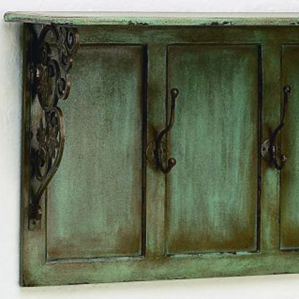 Wood Wall Shelf with Iron Brackets and Three Iron Coat Hooks - Distressed White or Distressed Blue