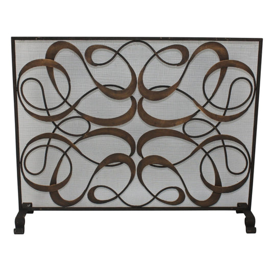 Single Panel Iron Fire Screen - Dark Gold Fireplace Screen with Swirl Design | InsideOutCatalog.com