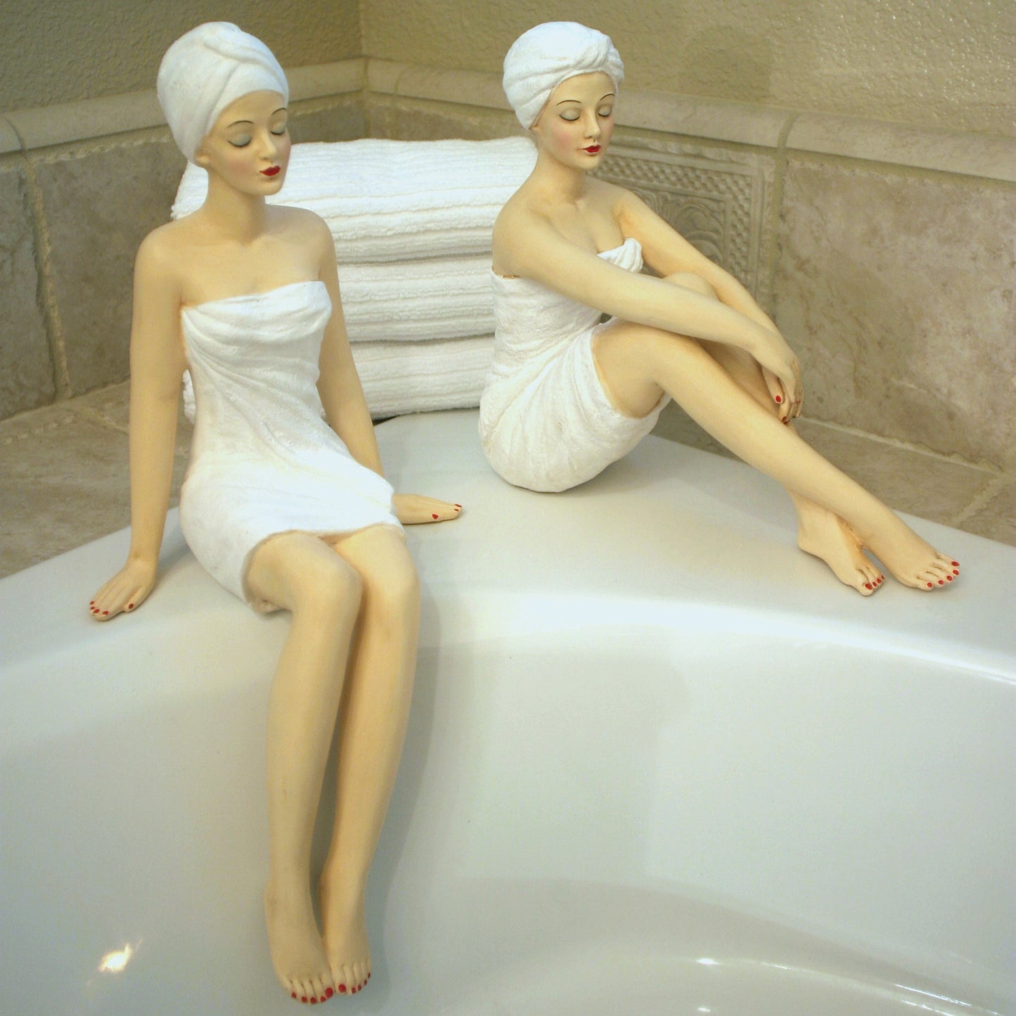 Spa Girl Beauties - Resin Collectible Statuary - Spa Girl with Knees Up shown with Spa Girl Shelf Sitter in Master Bathroom | INSIDE OUT | InsideOutCatalog.com