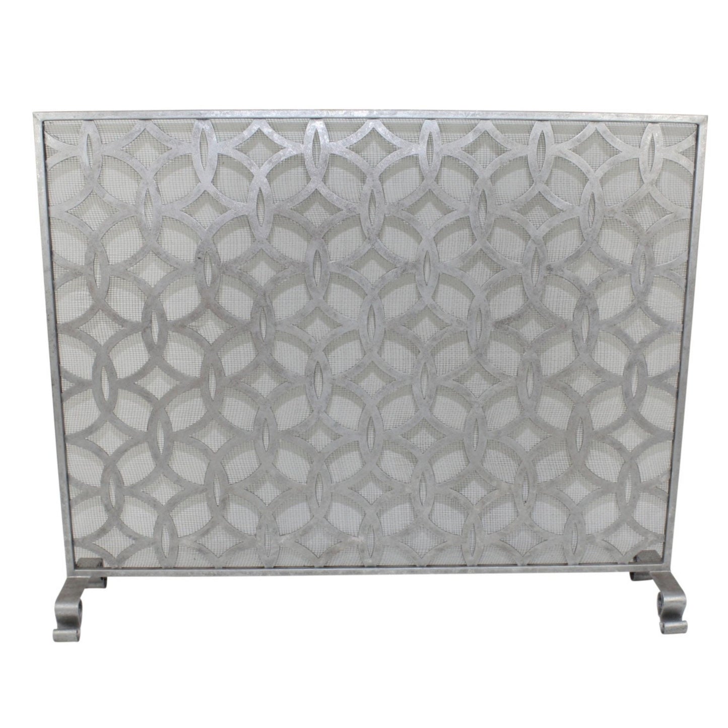 Unique Interlaced Circle Design Antique Silver Fireplace Screen - Single Panel Fire Screen | InsideOutCatalog.com