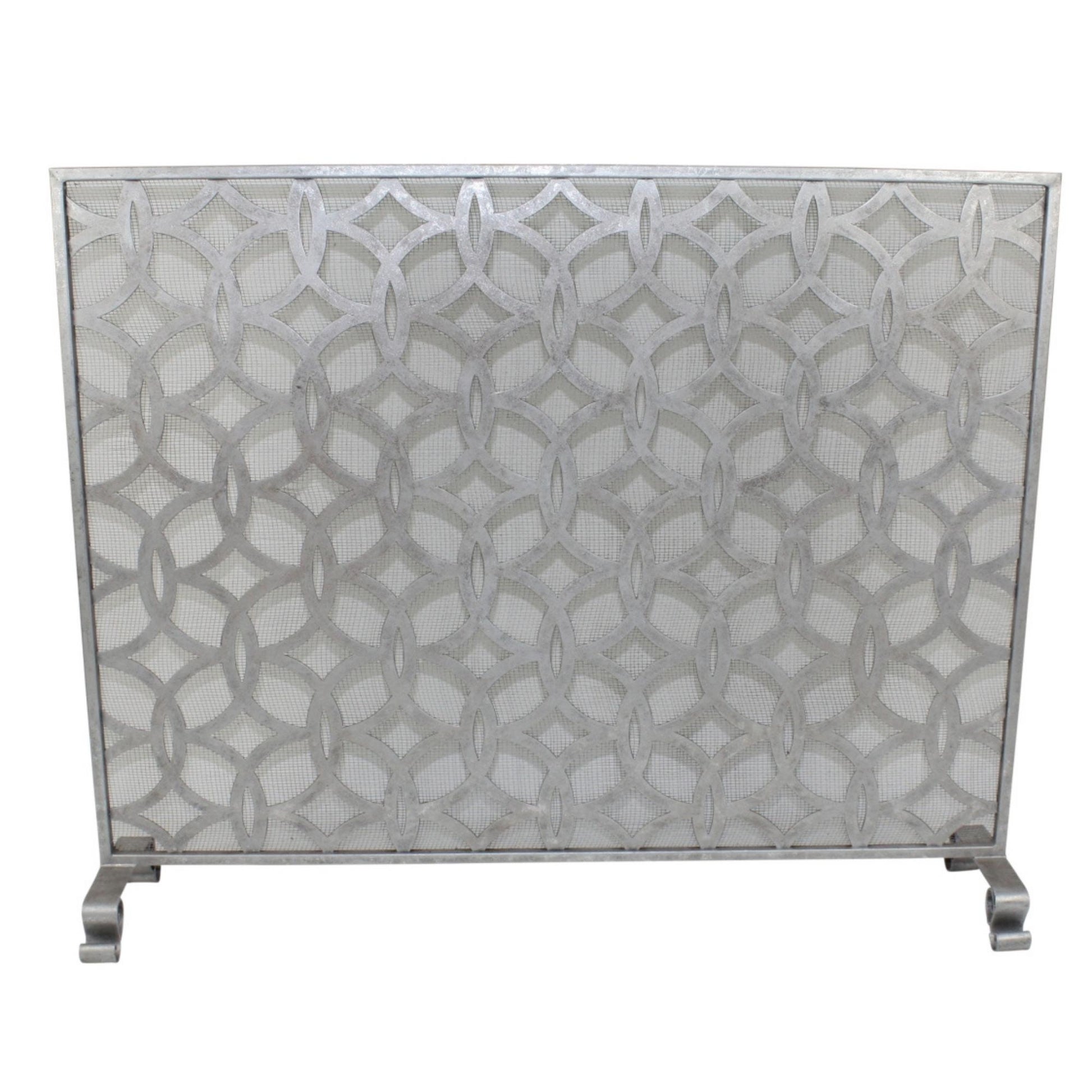 Unique Interlaced Circle Design Antique Silver Fireplace Screen - Single Panel Fire Screen | InsideOutCatalog.com