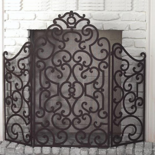 Wrought Iron Scroll Design Three Panel Firescreen with Mesh Backing | INSIDE OUT | InsideOutCatalog.com
