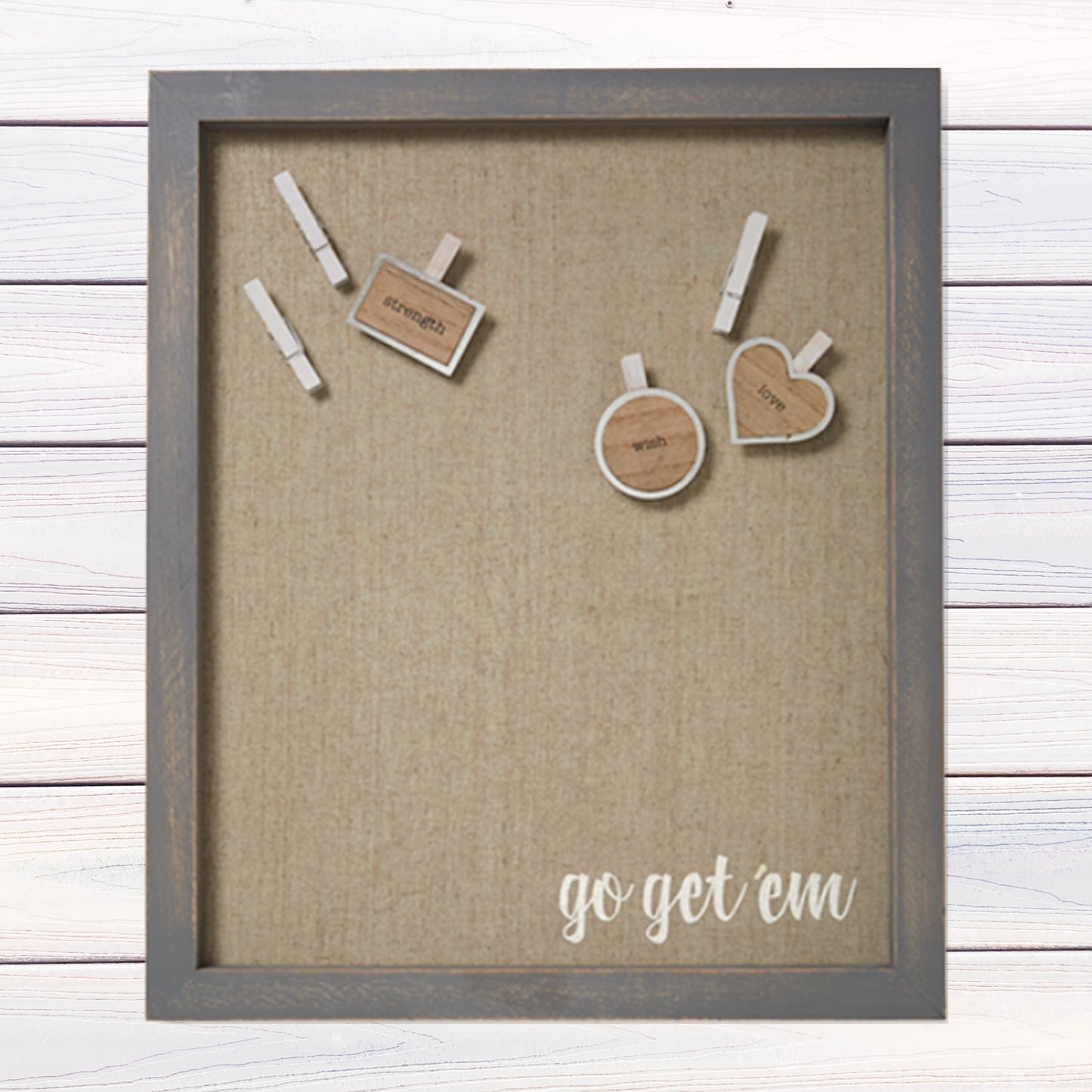 Magnet Board Fabric Framed Wall Art with Magnets - go get 'em (15x18) | Includes 6 magnets as shown... 3 clothespin magnets 3 inspirational magnets (strength, wish, love) | shown on shiplap whitewashed wall | INSIDE OUT | InsideOutCatalog.com