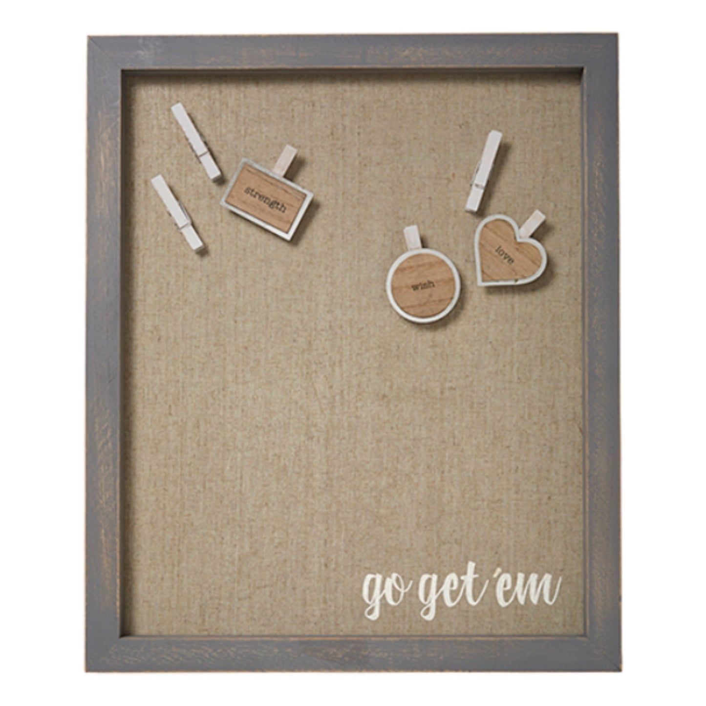 Magnet Board Fabric Framed Wall Art with Magnets - go get 'em (15x18) | Includes 6 magnets as shown... 3 clothespin magnets 3 inspirational magnets (strength, wish, love) | perfect organization for your kitchen or home office | INSIDE OUT | InsideOutCatalog.com