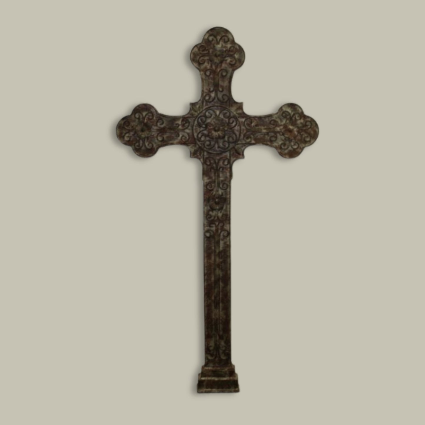 A large wall-mounted iron cross with intricate designs, finished in brown taupe, displayed against a plain background.