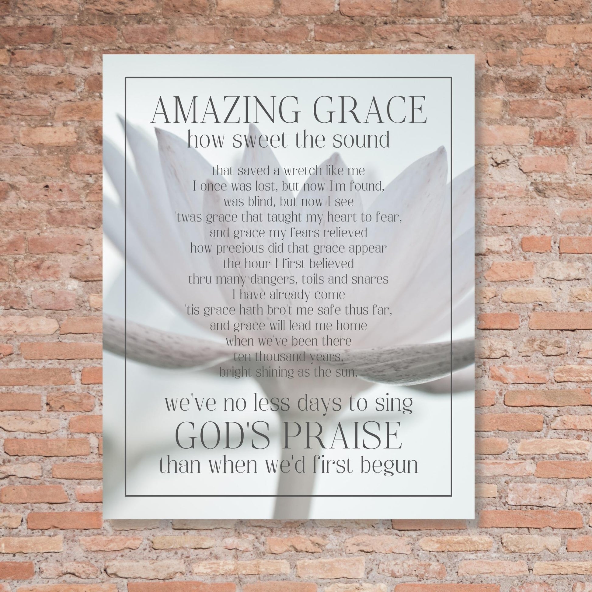 Amazing Grace Song Lyric Wall Art - Inspirational Christian Wall Poster (16x20) on brick wall | InsideOutCatalog.com