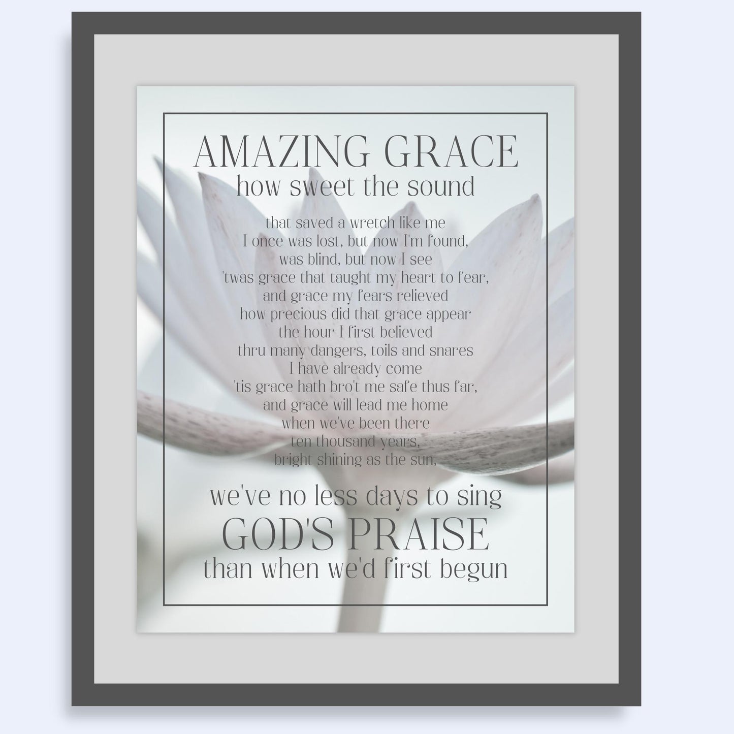 Amazing Grace Song Lyric Wall Art - Inspirational Christian Wall Poster (16x20) shown framed | InsideOutCatalog.com