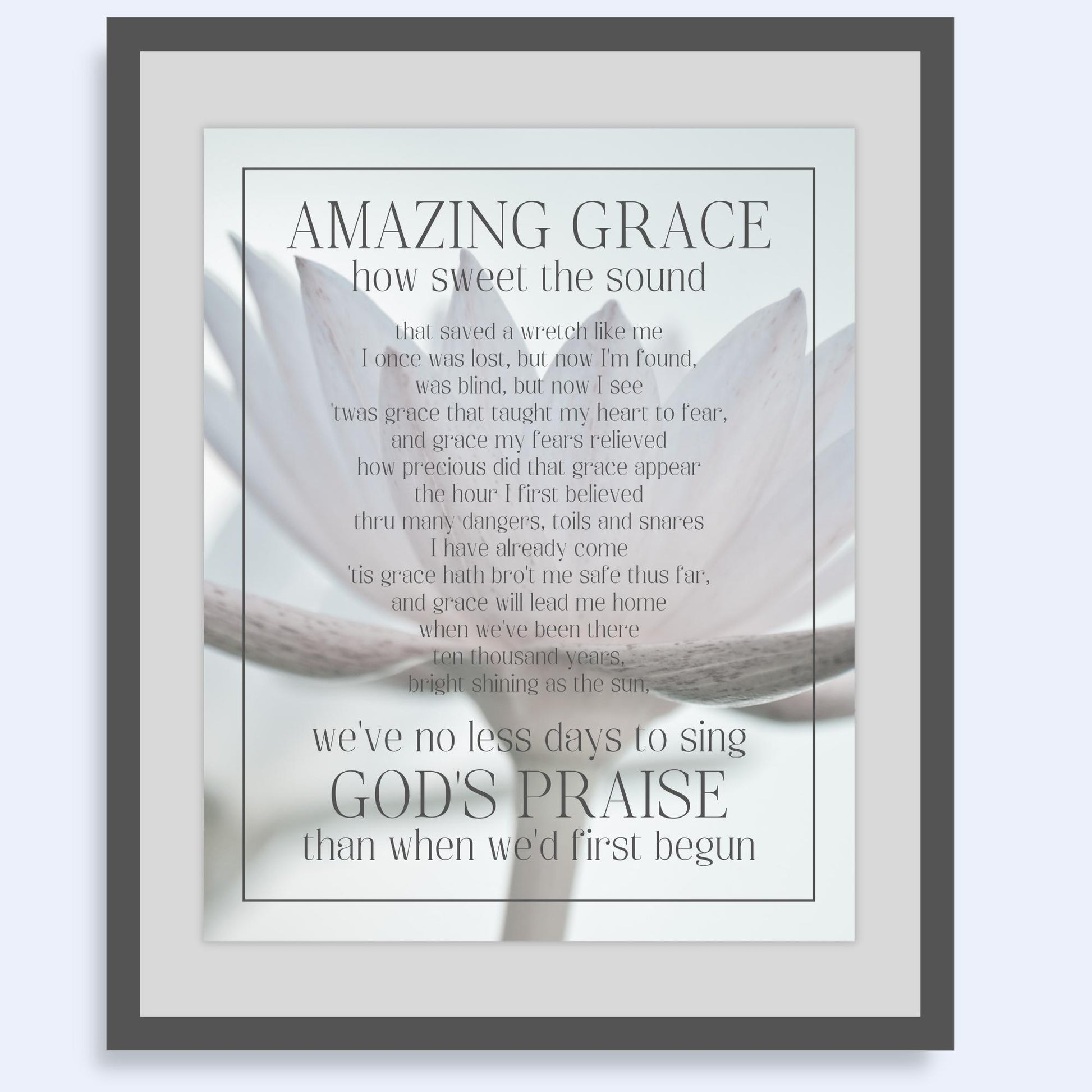 Amazing Grace Song Lyric Wall Art - Inspirational Christian Wall Poster (16x20) shown framed | InsideOutCatalog.com