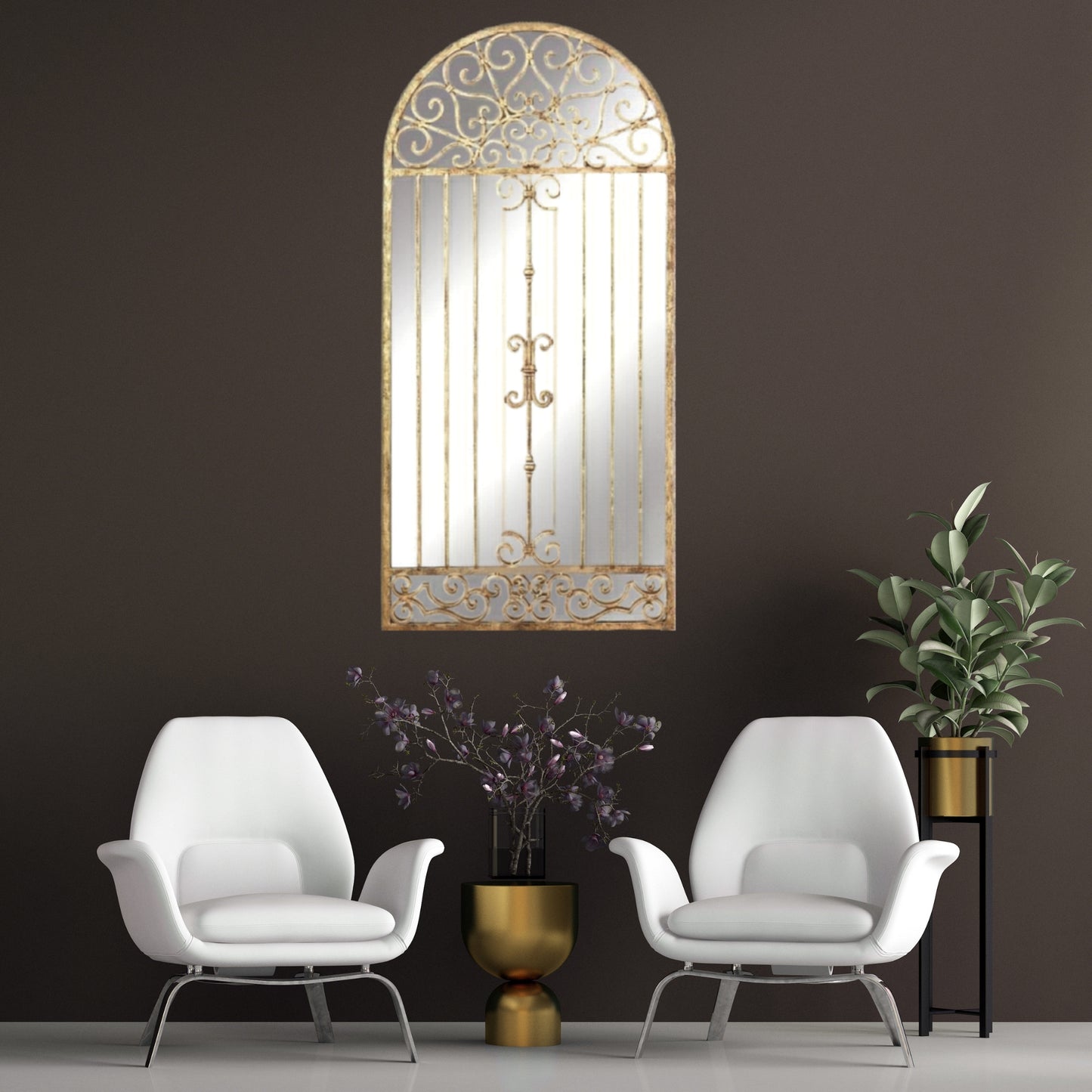 Antique Gold European Inspired Arched Garden Gate Mirror in decorated room | INSIDE OUT | InsideOutCatalog.com