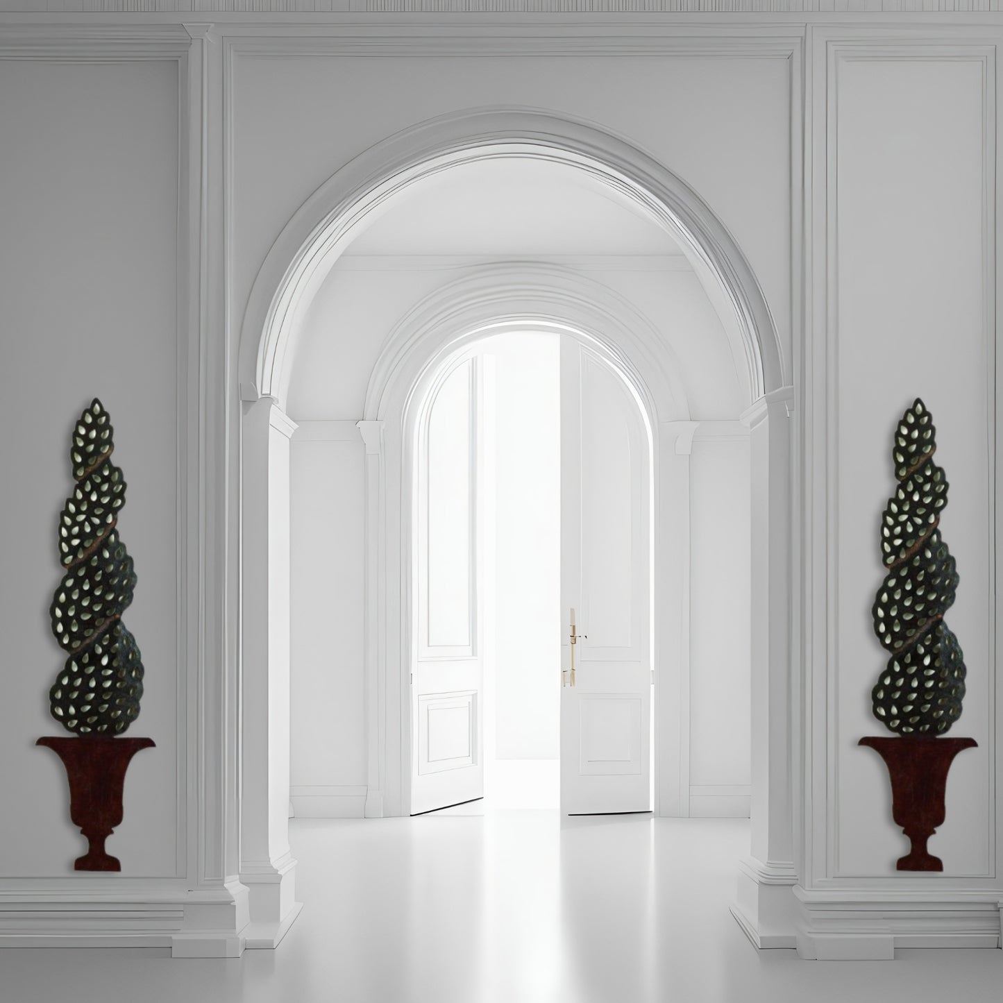 Tole Topiary Tree in Urn Wall Decor - Brown Black Nature Inspired Large Wall (70"H) Art shown hung on each side of archway | INSIDE OUT | InsideOutCatalog.com