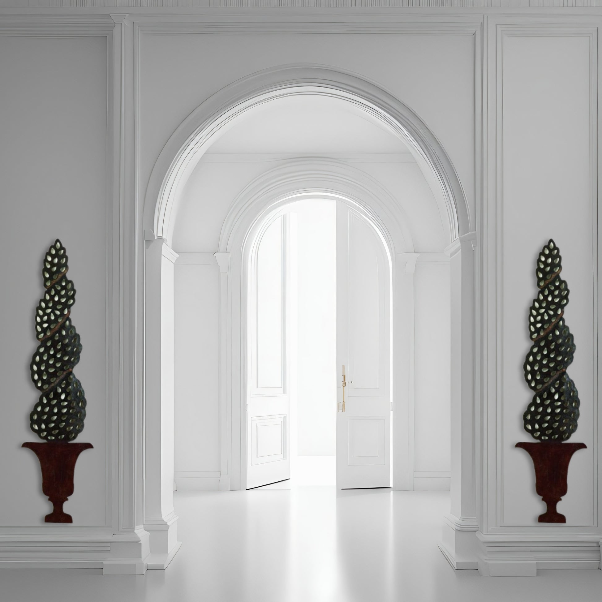 Laser Tole Topiary Tree in Urn Wall Decor - Nature Inspired Large Wall (70"H) Art shown hung on each side of archway | INSIDE OUT | InsideOutCatalog.com
