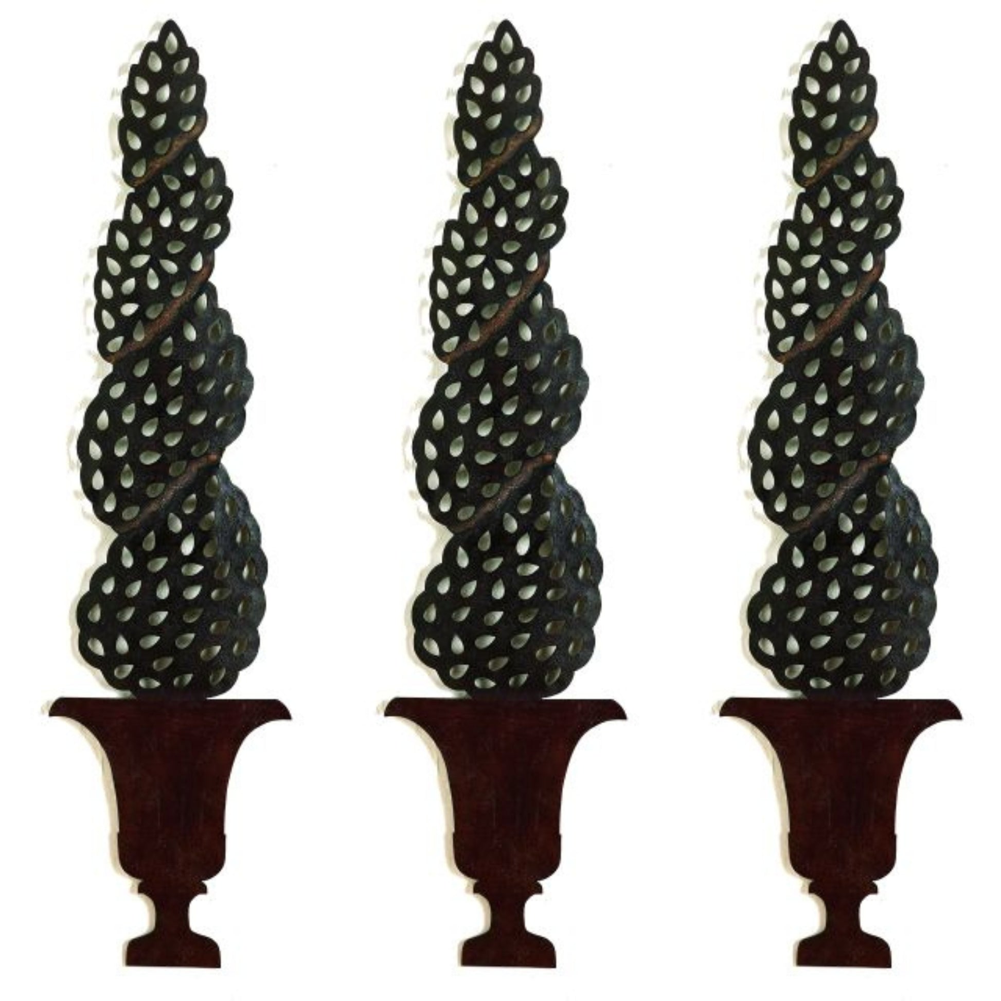 Estate Quality Wall Decor - Three decorative topiary trees with dark green leaves and brown stands on a white background | INSIDE OUT - InsideOutCatalog.com