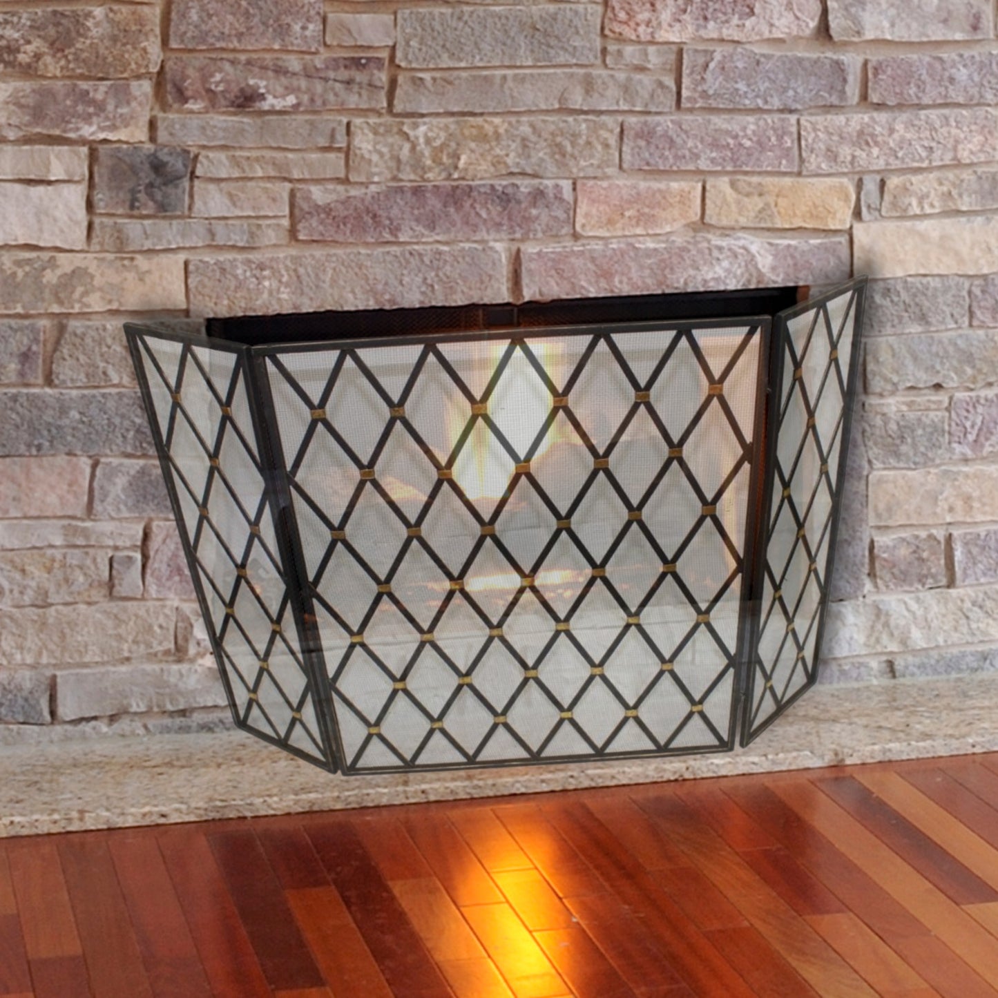 Burnished Gold Diamond Designer Fire Screen with Gold Accents - Three Panel Screen in front of stone fireplace | InsideOutCatalog.com