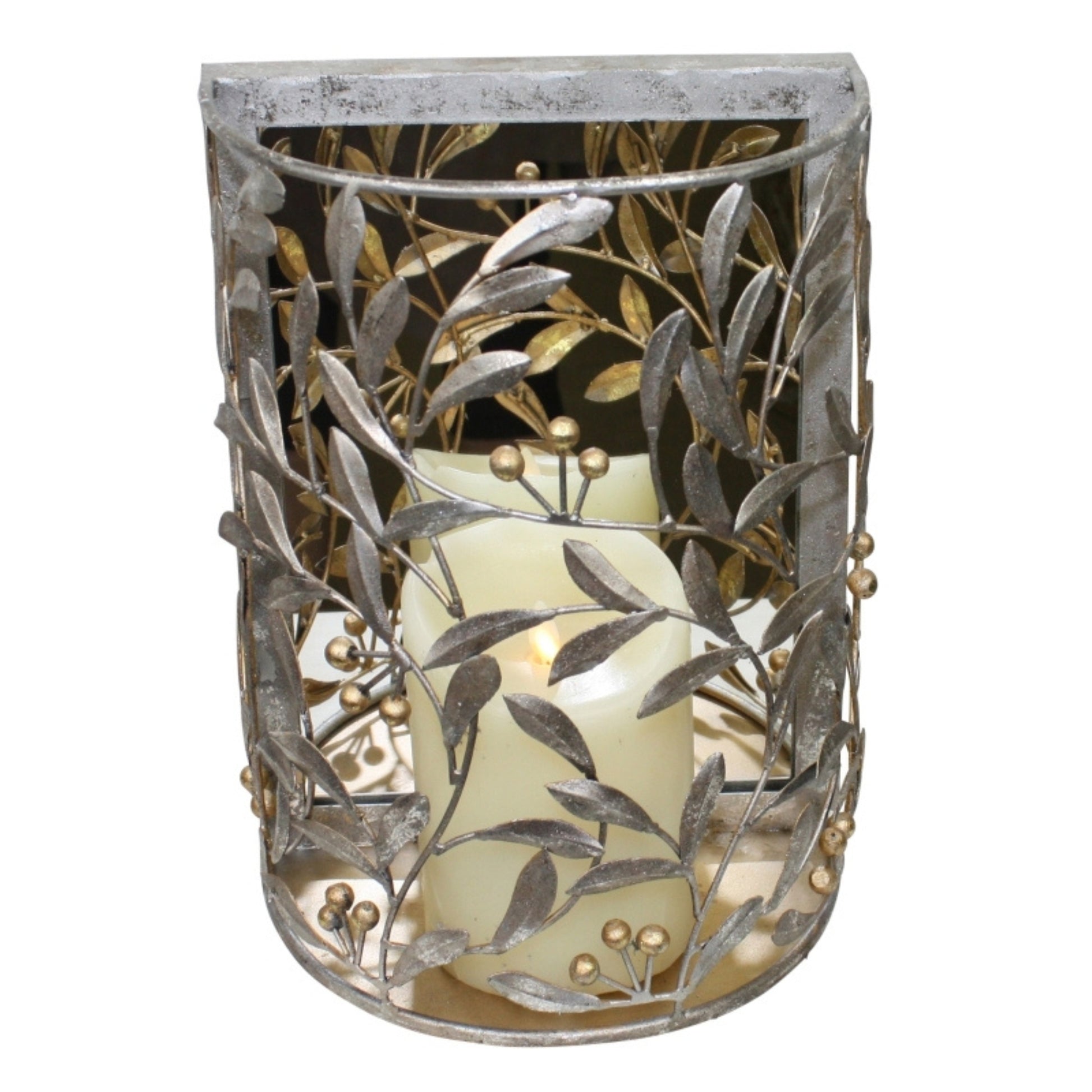 Silver and Gold Iron Wall Sconce - Leaf & Berry Accented Iron & Tole Candle Holder with Mirrored Back | INSIDE OUT | InsideOutCatalog.com