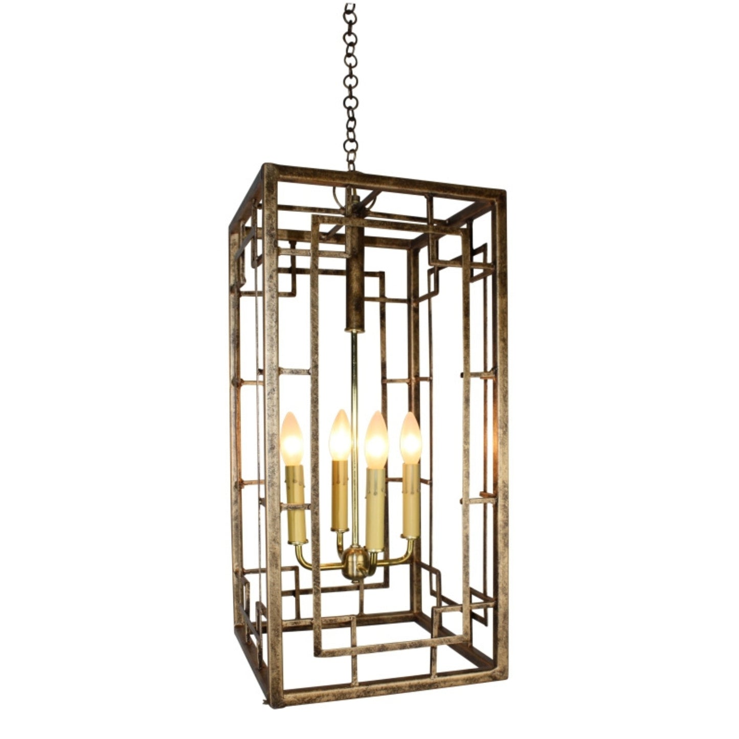 Four Light Square Bar Geometric Rectangular Design Iron & Tole Chandelier in Antique Gold (24.25"H) | INSIDE OUT - InsideOutCatalog.com