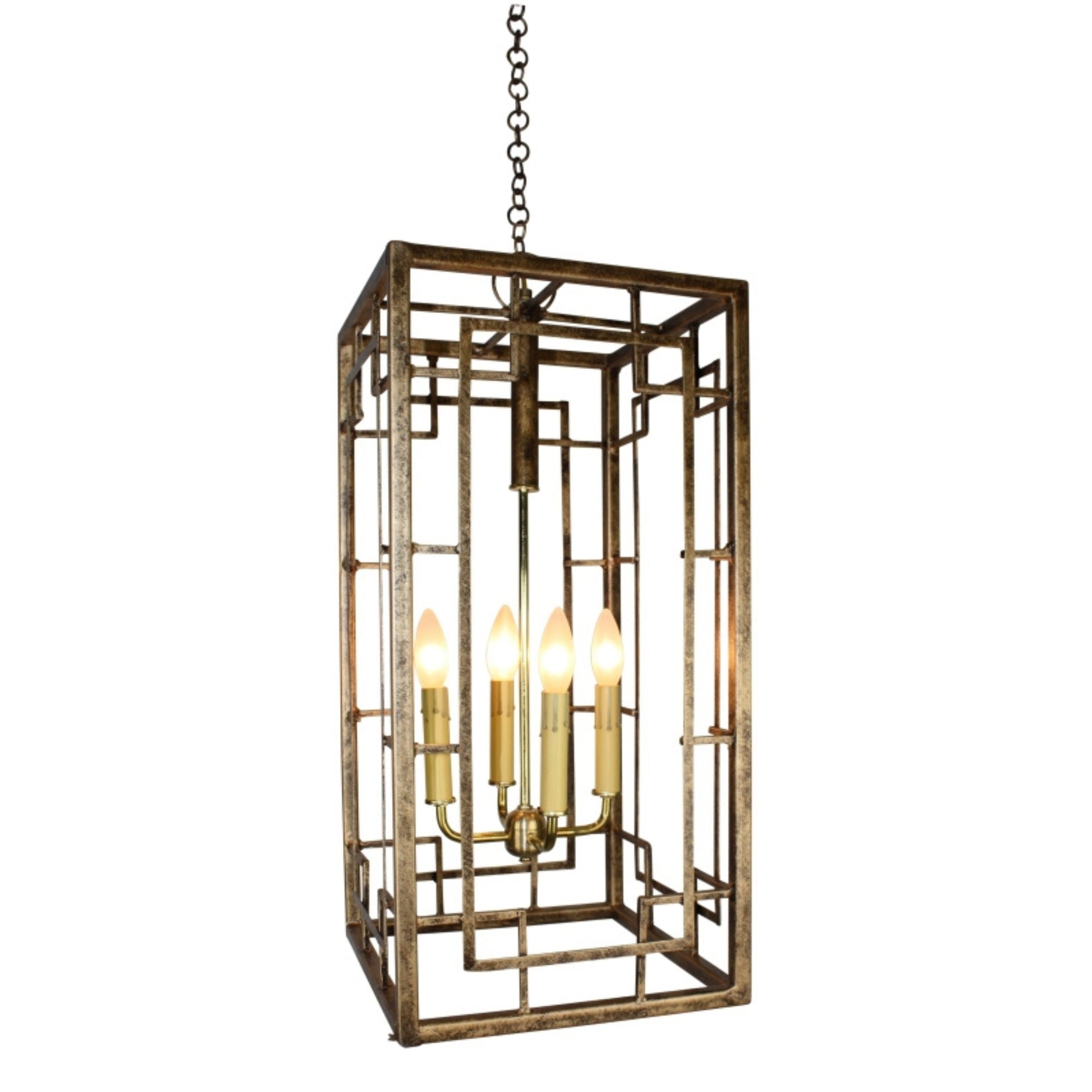 Four Light Square Bar Geometric Rectangular Design Iron & Tole Chandelier in Antique Gold (24.25"H) | INSIDE OUT - InsideOutCatalog.com