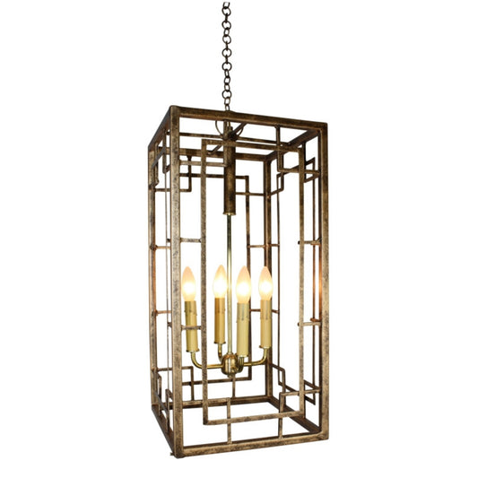 Four Light Square Bar Geometric Rectangular Design Iron & Tole Chandelier in Antique Gold (24.25"H) | INSIDE OUT - InsideOutCatalog.com