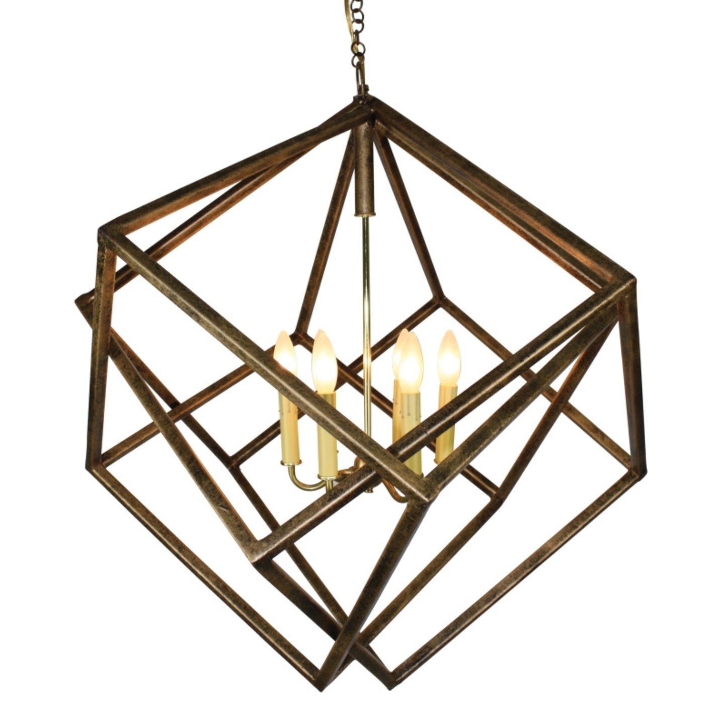 Six Light Square Bar Geometric Cube Shaped Iron & Tole Chandelier in Antique Gold (25"H) | INSIDE OUT - InsideOutCatalog.com
