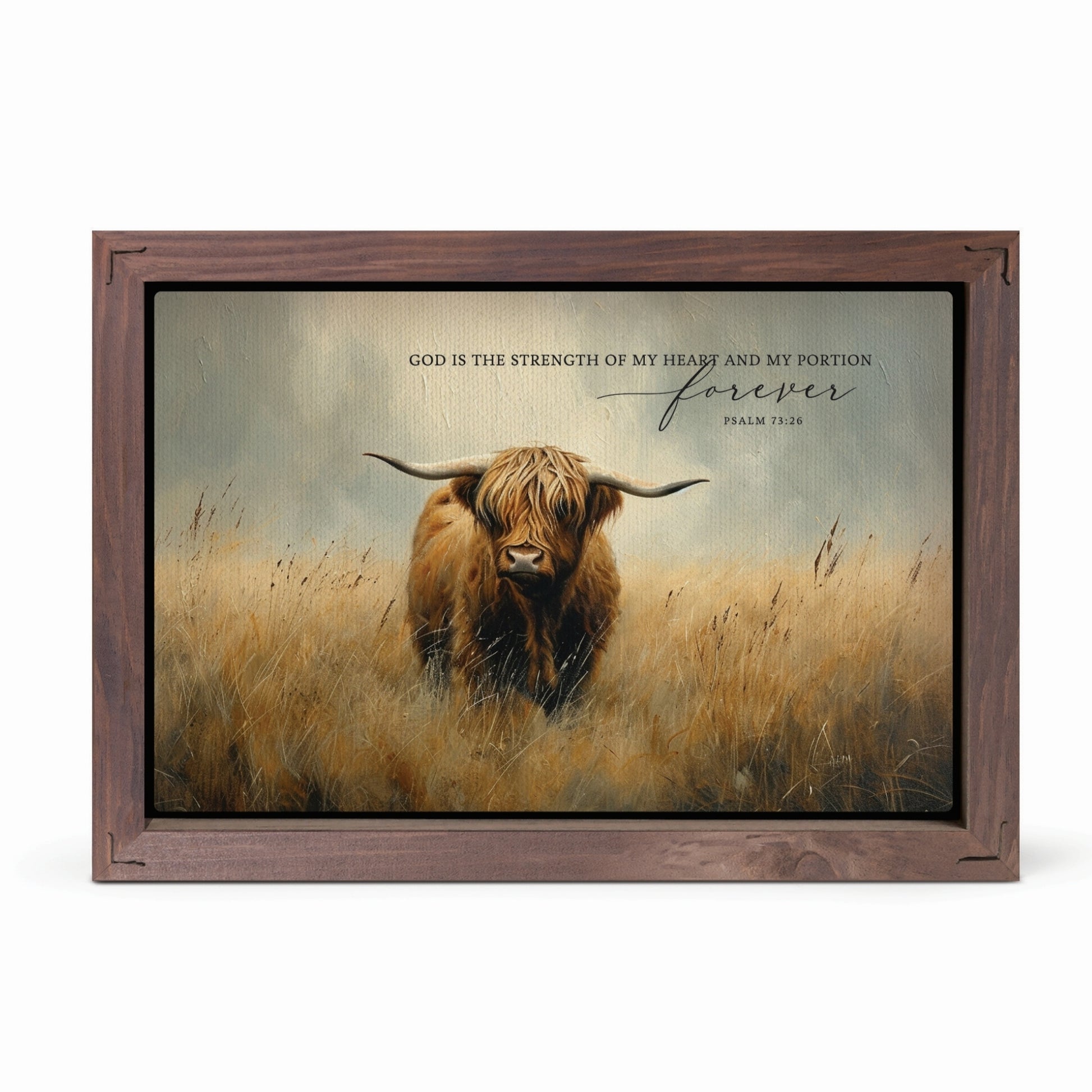 Highland Cow Small Framed Art - God is the strength of my heart and my portion forever - Psalm 73:26 | InsideOutCatalog.com