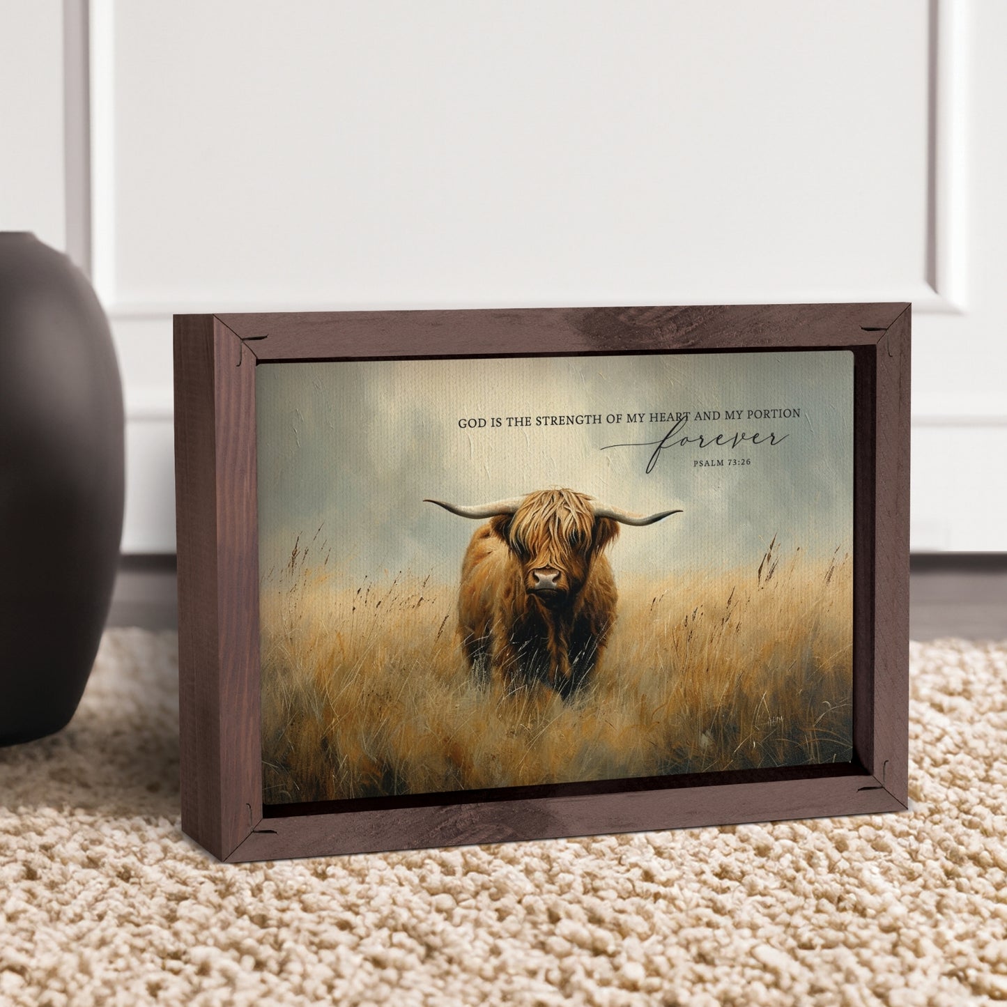 Highland Cow Small Framed Art - God is the strength of my heart and my portion forever - Psalm 73:26 on carpet near vase | InsideOutCatalog.com