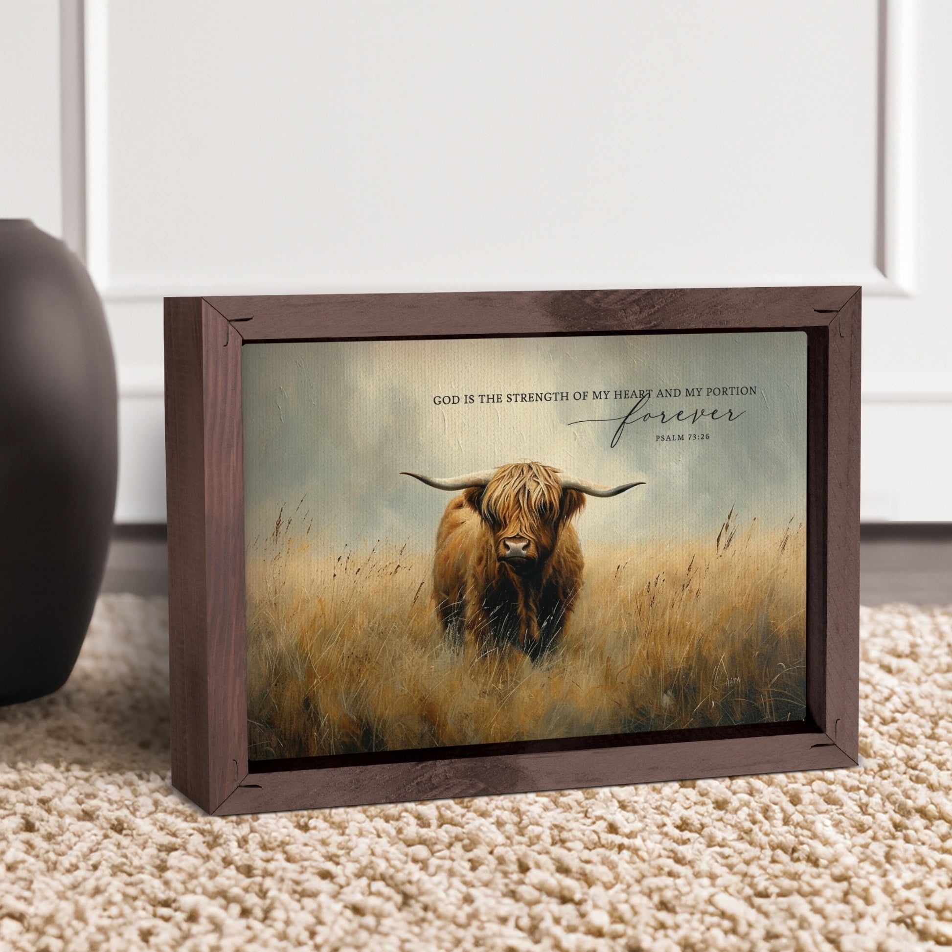 Highland Cow Small Framed Art - God is the strength of my heart and my portion forever - Psalm 73:26 on carpet near vase | InsideOutCatalog.com