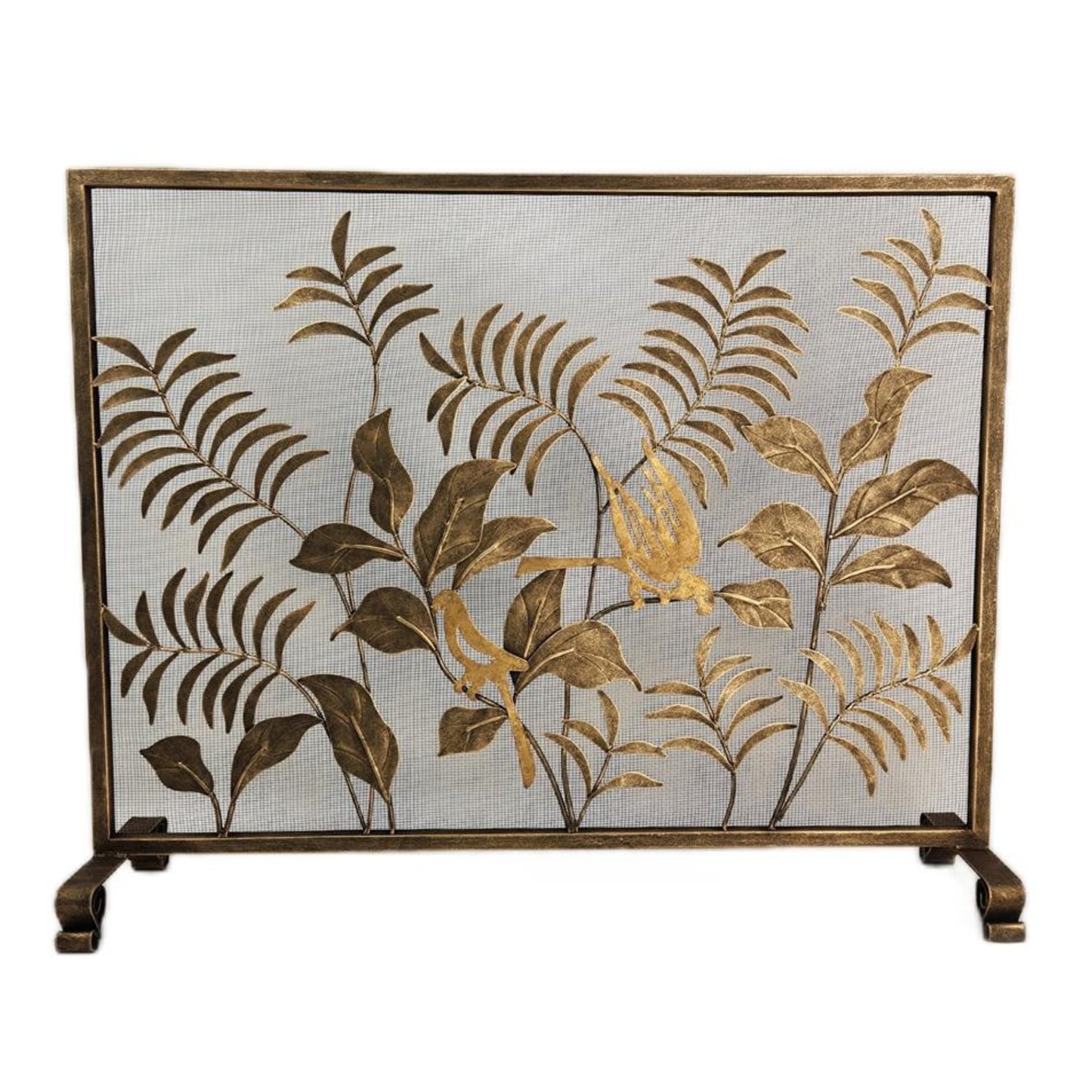 Gold Leaf & Bird Design Iron Fire Screen - Single Panel Fireplace Screen with Mesh Backing | INSIDE OUT - InsideOutCatalog.com