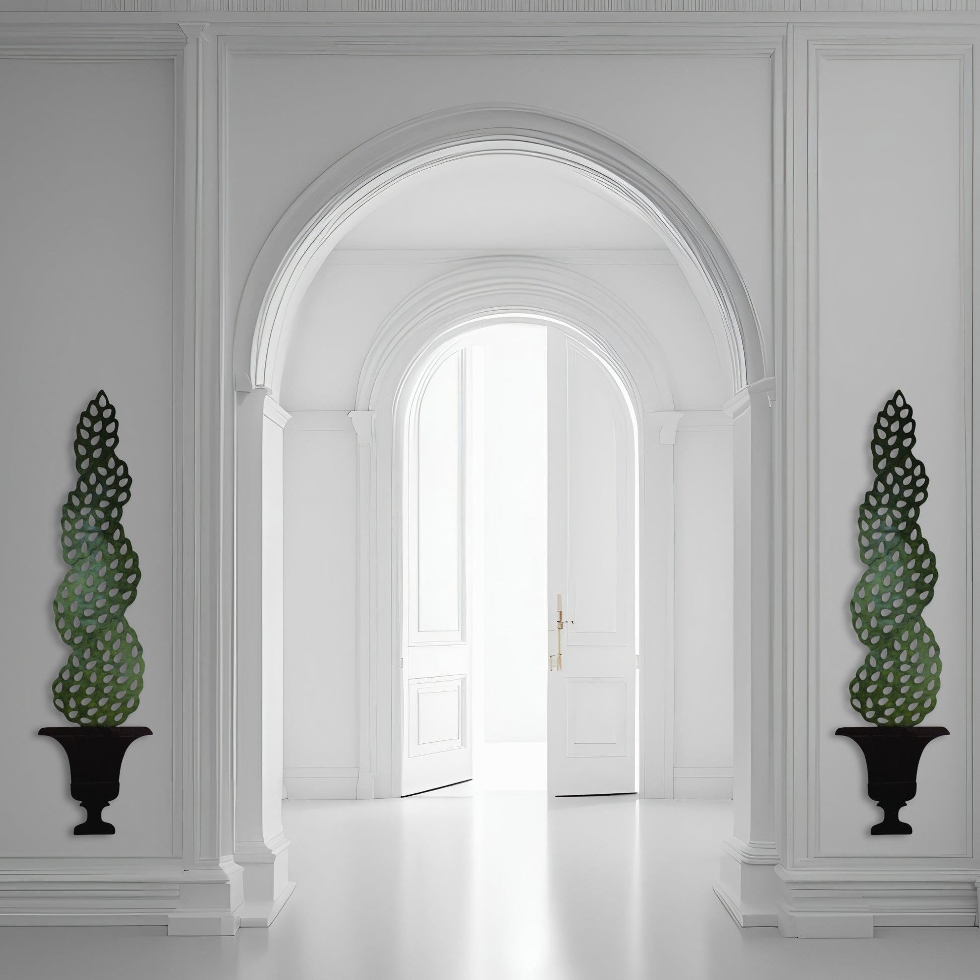 White room with decorative wall art and an archway leading to a bright light | Tole Topiary Tree in Urn Wall Decor - Nature Inspired Green Brown Large Wall Art (70"H) | INSIDE OUT - InsideOutCatalog.com