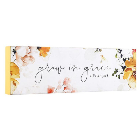 Inspirational Wood Block with Yellow & Orange Floral Art - Grow in Grace - 2 Peter 3:18 | InsideOutCatalog.com