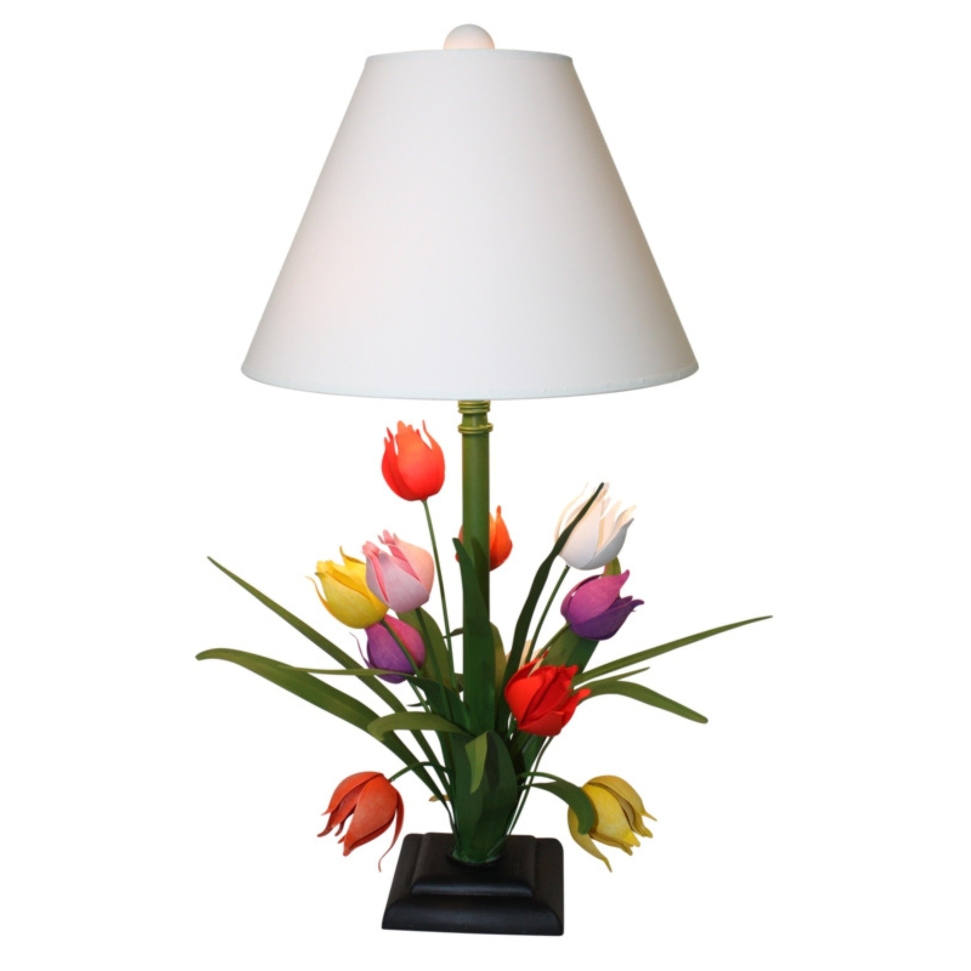 Hand Painted Large Tabletop Iron & Tole Tulip Flower Lamp with Ivory Lamp Shade - Carleton Varney Design (32"H) | Comes with 16" diameter Ivory Lamp Shade and Ball Finial as shown | INSIDE OUT | InsideOutCatalog.com