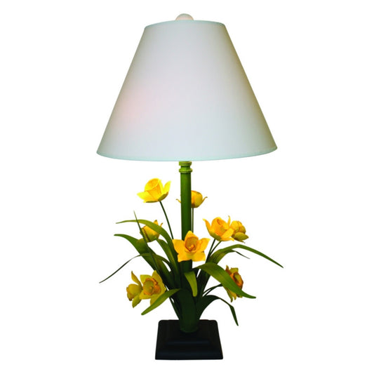 Hand Painted Large Tabletop Iron & Tole Yellow Daffodil Flower Table Lamp with Ivory Lamp Shade - Carleton Varney Design (32"H) | Comes with 16" diameter Ivory Lamp Shade and Ball Finial as shown | INSIDE OUT | InsideOutCatalog.com