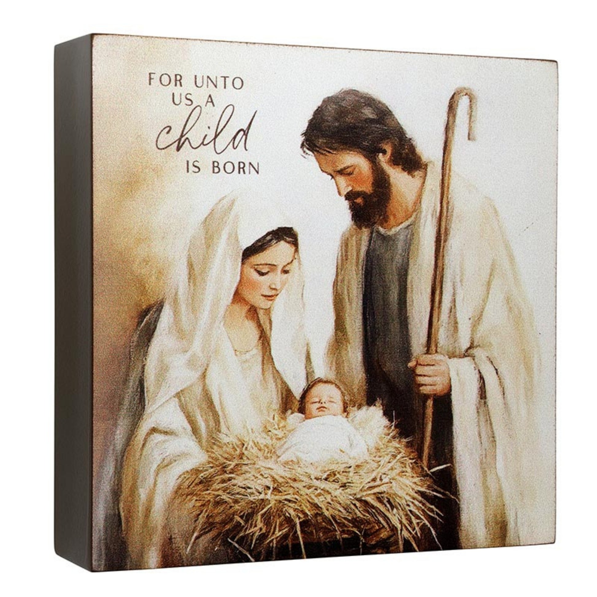 Decorative plaque with a nativity scene illustration and 'For unto us a child is born' text | InsideOutCatalog.com