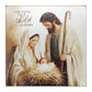 Nativity scene with Mary, Joseph, and baby Jesus, featuring the text 'For unto us a child is born' | Inspirational Wood Block Art - Christmas Decor | InsideOutCatalog.com