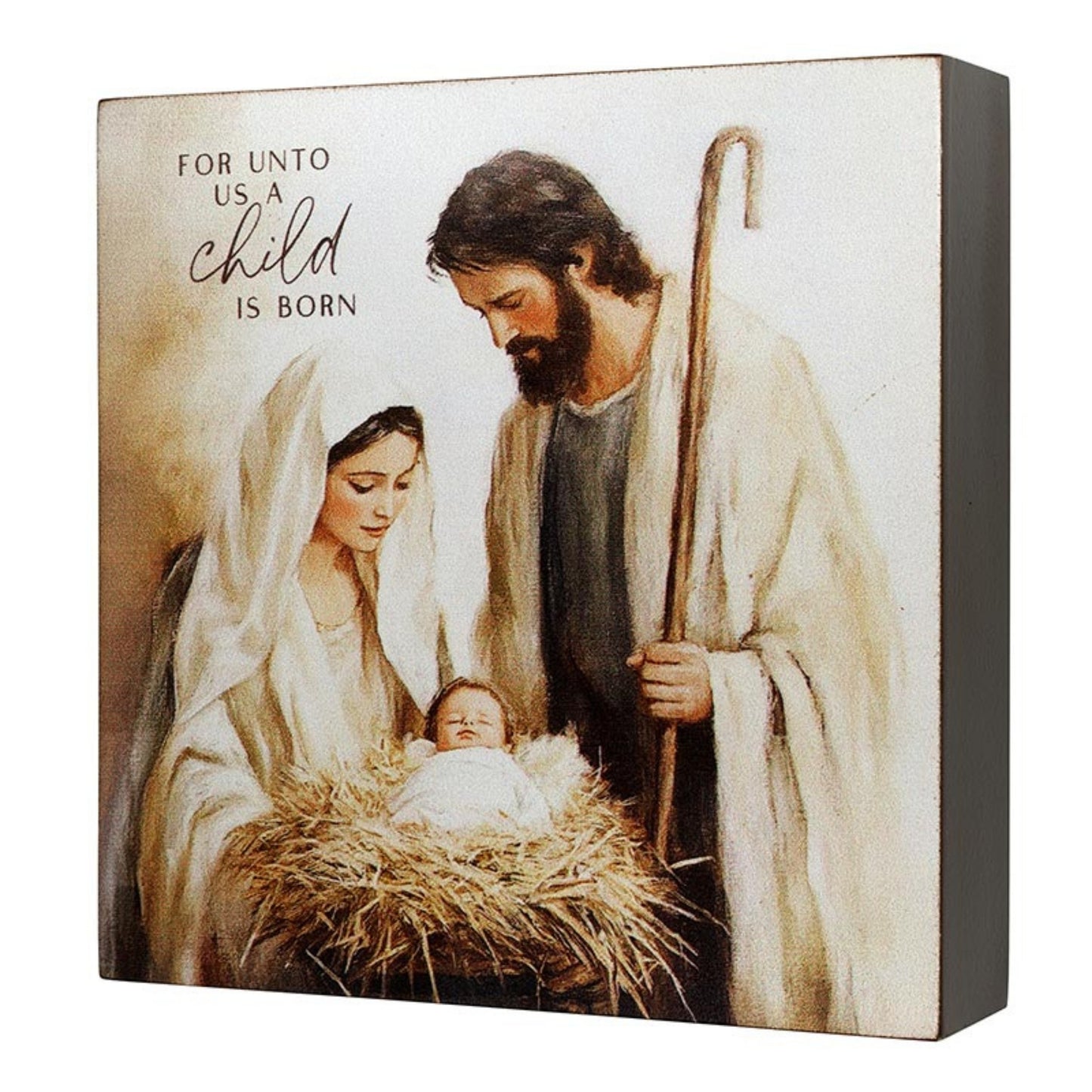 Baby Jesus, Mary, & Joseph Wood Block Art - FOR UNTO US A child IS BORN - Holy Family Artwork | InsideOutCatalog.com