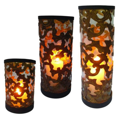 Acanthus Leaf Design Iron Hurricanes - Medium Dark Gold Acanthus Leaf Iron & Glass Candle Holders - 3 Sizes to Choose From | INSIDE OUT | InsideOutCatalog.com