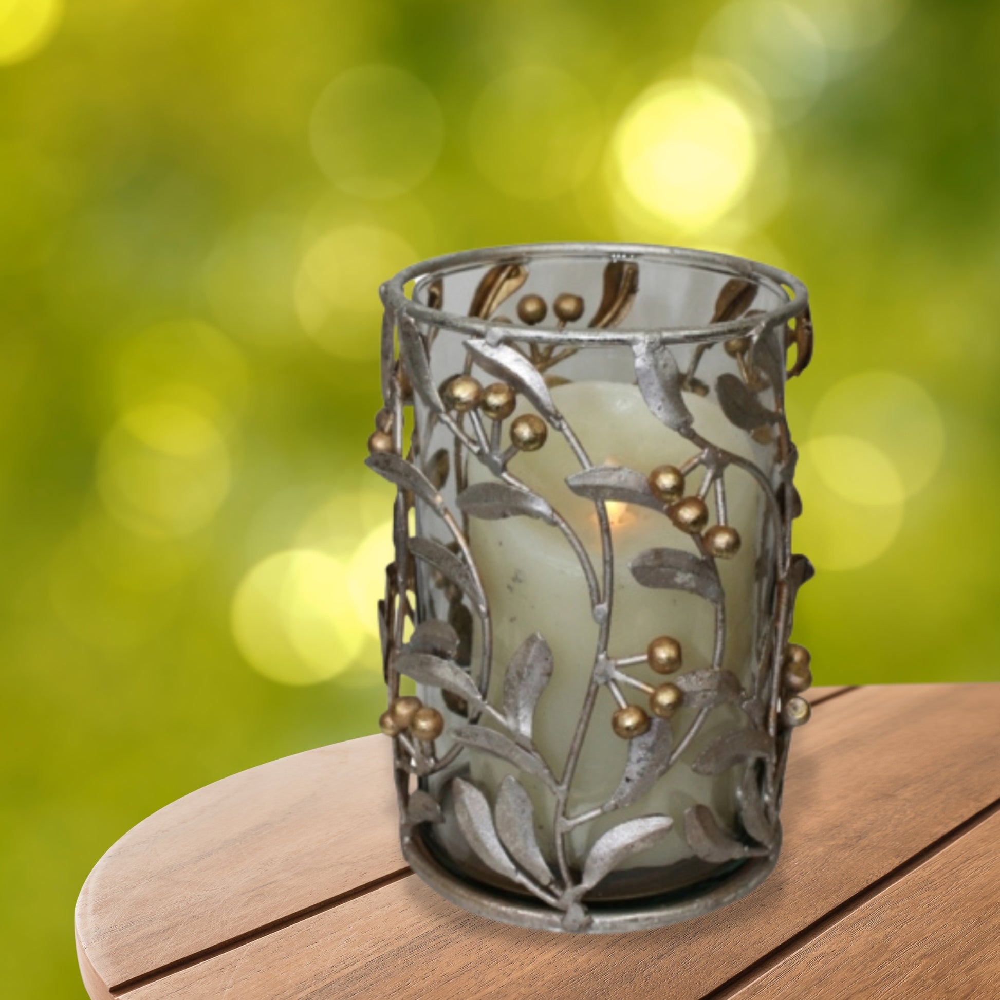 Silver and Gold Iron Hurricanes - Leaf & Berry Accented Iron & Glass Candle Holders - 3 Sizes to Choose From | Small Iron Candle Holder on Wood Table | INSIDE OUT | InsideOutCatalog.com