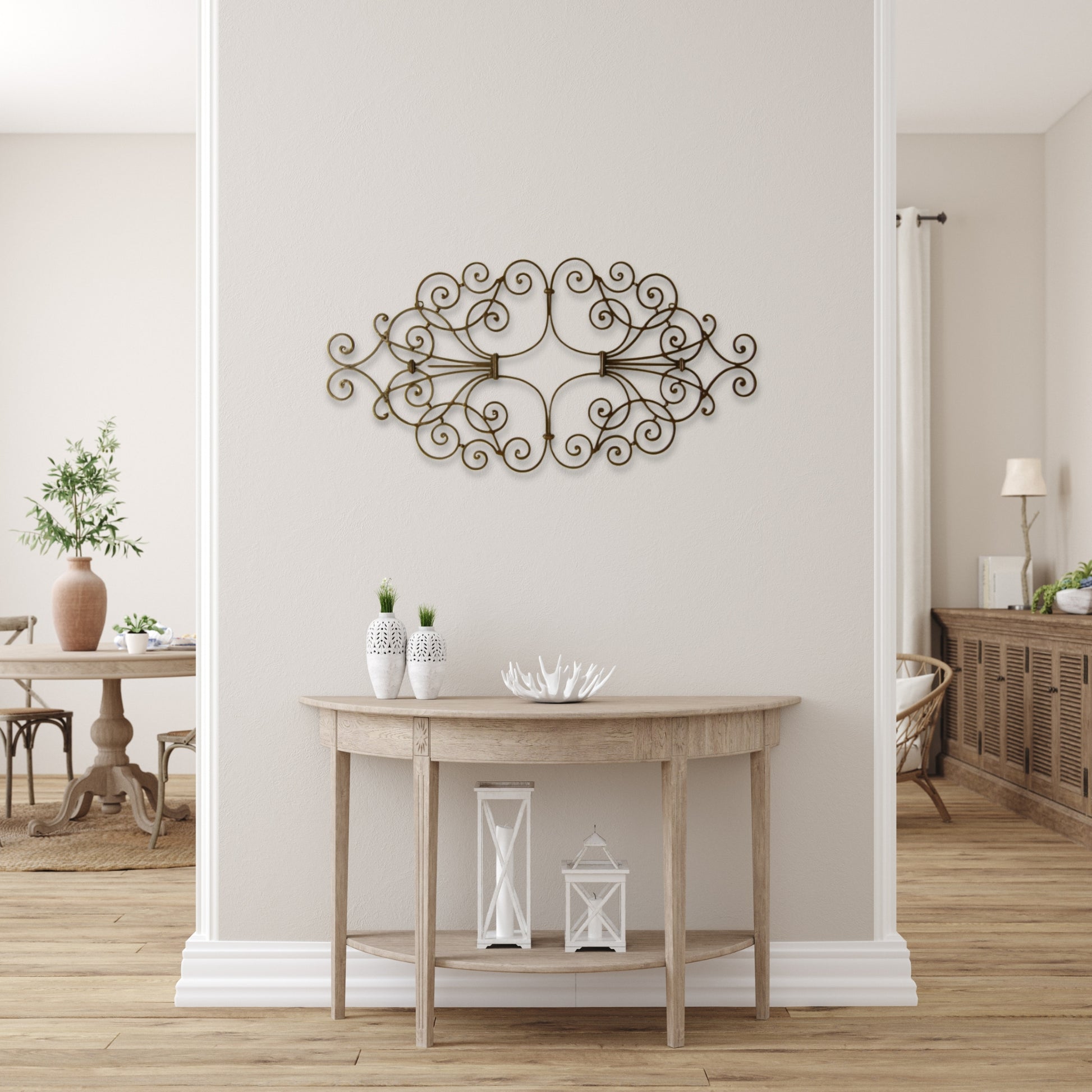 Large Metal Scroll Wall Grille - Iron Wall Art - Wall Decor Shown Hung Horizontally over demi-round wood table | INSIDE OUT - InsideOutCatalog.com
