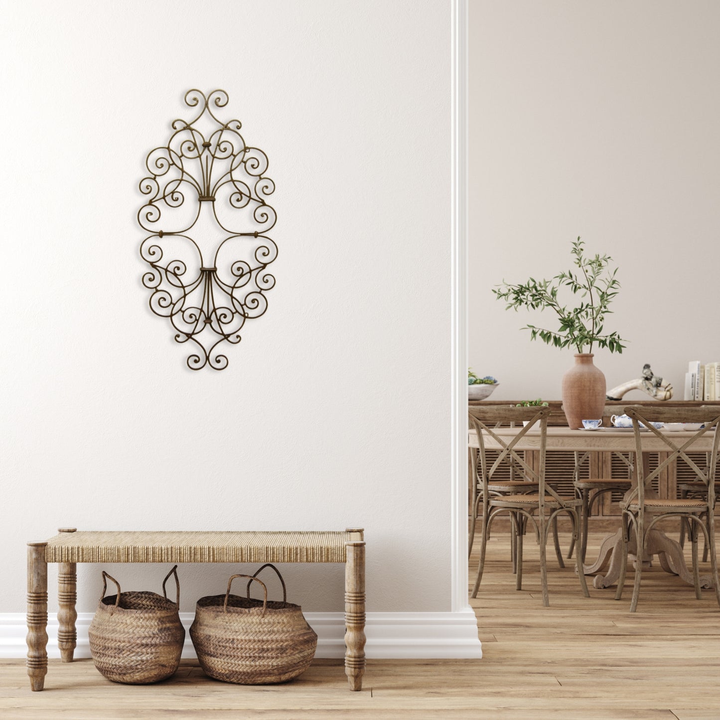Metal Scroll Wall Grille - Iron Wall Art - Wall Decor Shown Hung Vertically over wood bench and wicker baskets (41.75") | INSIDE OUT - InsideOutCatalog.com