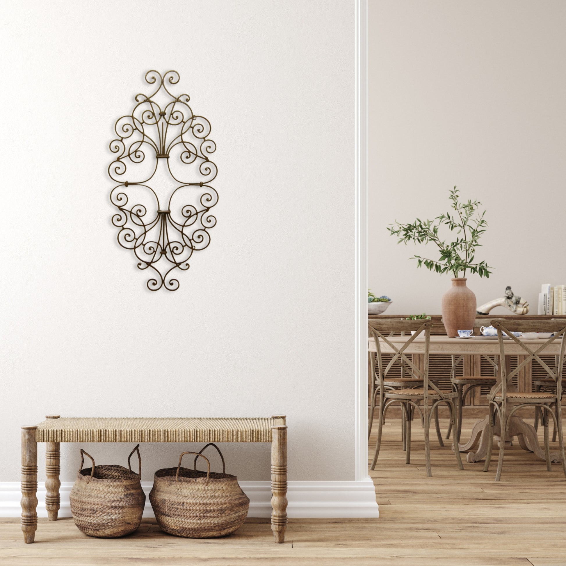 Metal Scroll Wall Grille - Iron Wall Art - Wall Decor Shown Hung Vertically over wood bench and wicker baskets (41.75") | INSIDE OUT - InsideOutCatalog.com