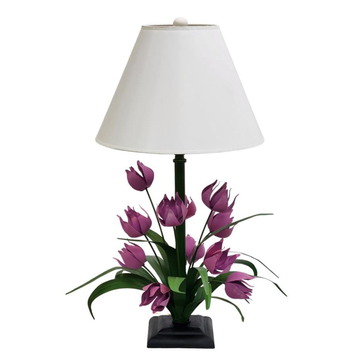 Hand Painted Large Tabletop Iron & Tole Lavender Tulip Flower Table Lamp with Ivory Lamp Shade - Carleton Varney Design (32"H) | INSIDE OUT - InsideOutCatalog.com