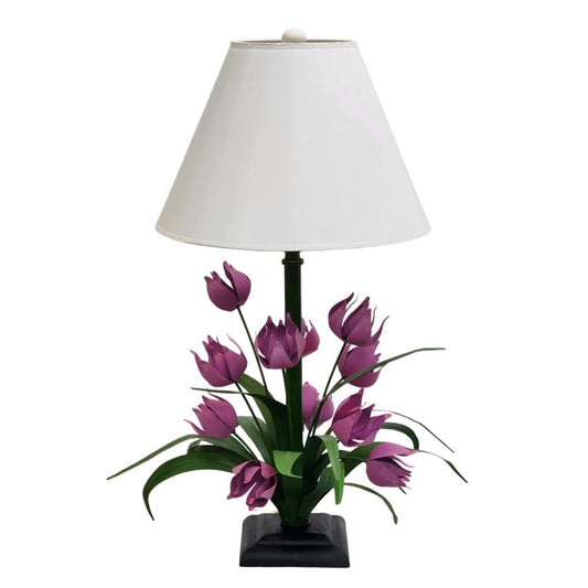 Hand Painted Large Tabletop Iron & Tole Lavender Tulip Flower Table Lamp with Ivory Lamp Shade - Carleton Varney Design (32"H) | INSIDE OUT - InsideOutCatalog.com