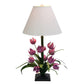 Hand Painted Large Tabletop Iron & Tole Lavender Tulip Flower Table Lamp with Ivory Lamp Shade - Carleton Varney Design (32"H) shown lit up | INSIDE OUT - InsideOutCatalog.com