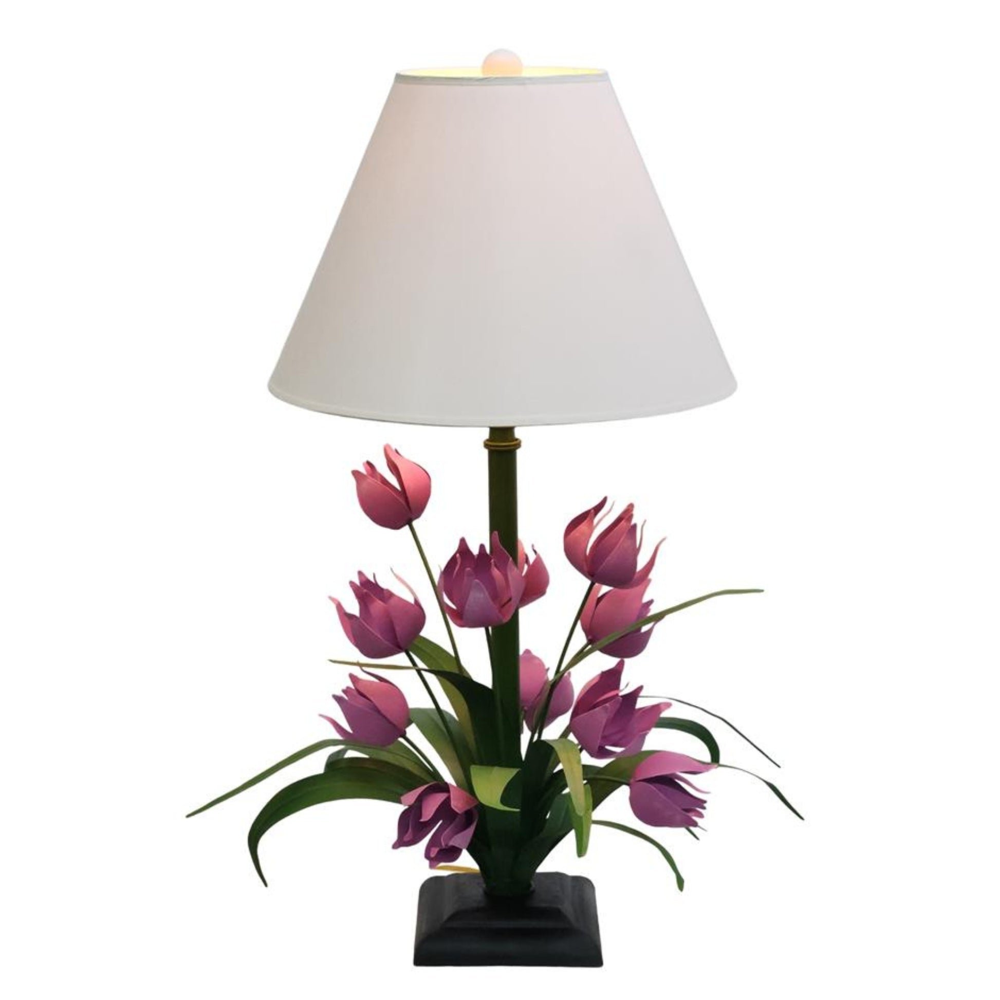 Hand Painted Large Tabletop Iron & Tole Lavender Tulip Flower Table Lamp with Ivory Lamp Shade - Carleton Varney Design (32"H) shown lit up | INSIDE OUT - InsideOutCatalog.com