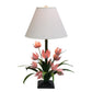 Hand Painted Large Tabletop Iron & Tole Pink Tulip Flower Table Lamp with Ivory Lamp Shade - Carleton Varney Design (32"H) shown lit up | INSIDE OUT - InsideOutCatalog.com