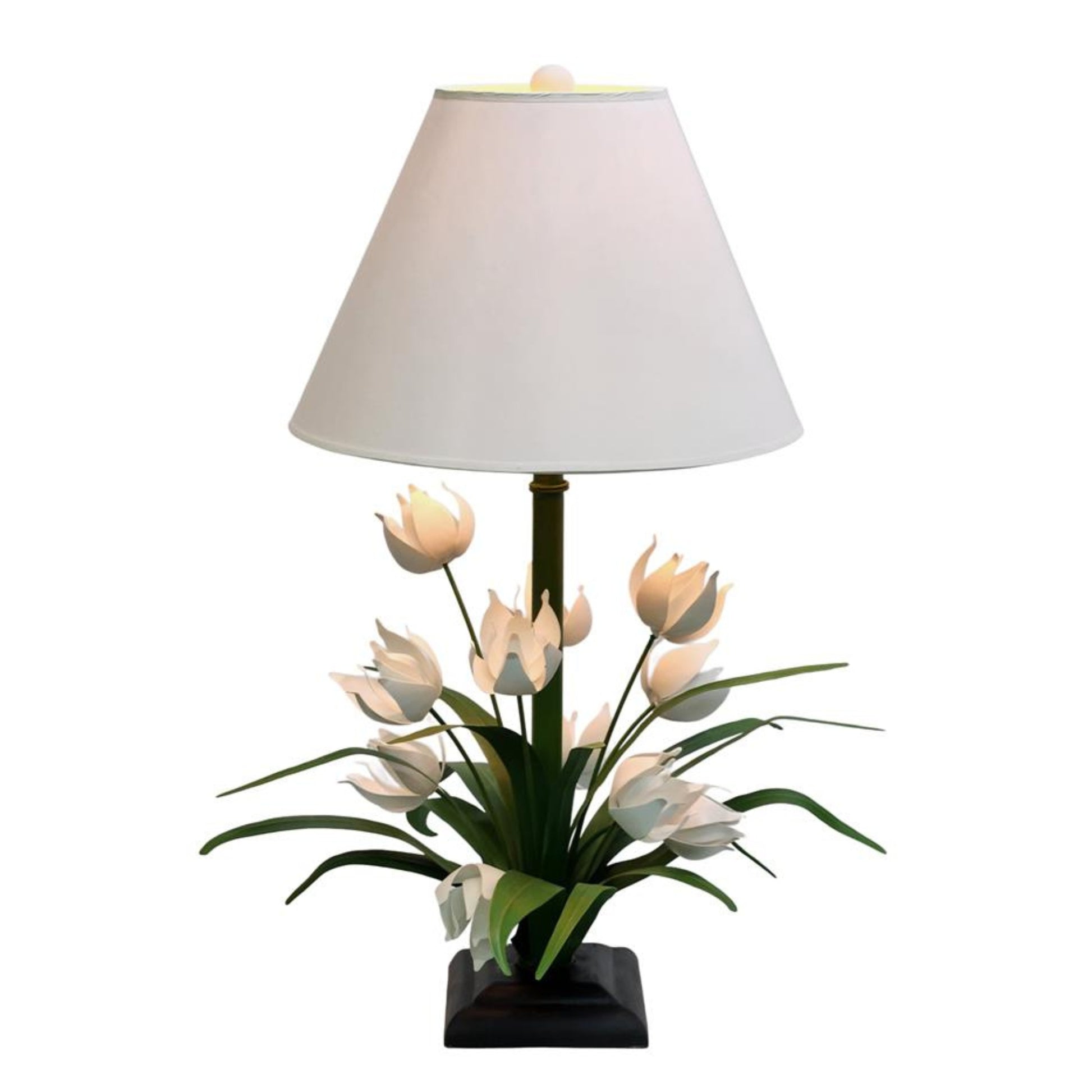 Hand Painted Large Tabletop Iron & Tole White Tulip Flower Table Lamp with Ivory Lamp Shade - Carleton Varney Design (32"H) | INSIDE OUT - InsideOutCatalog.com