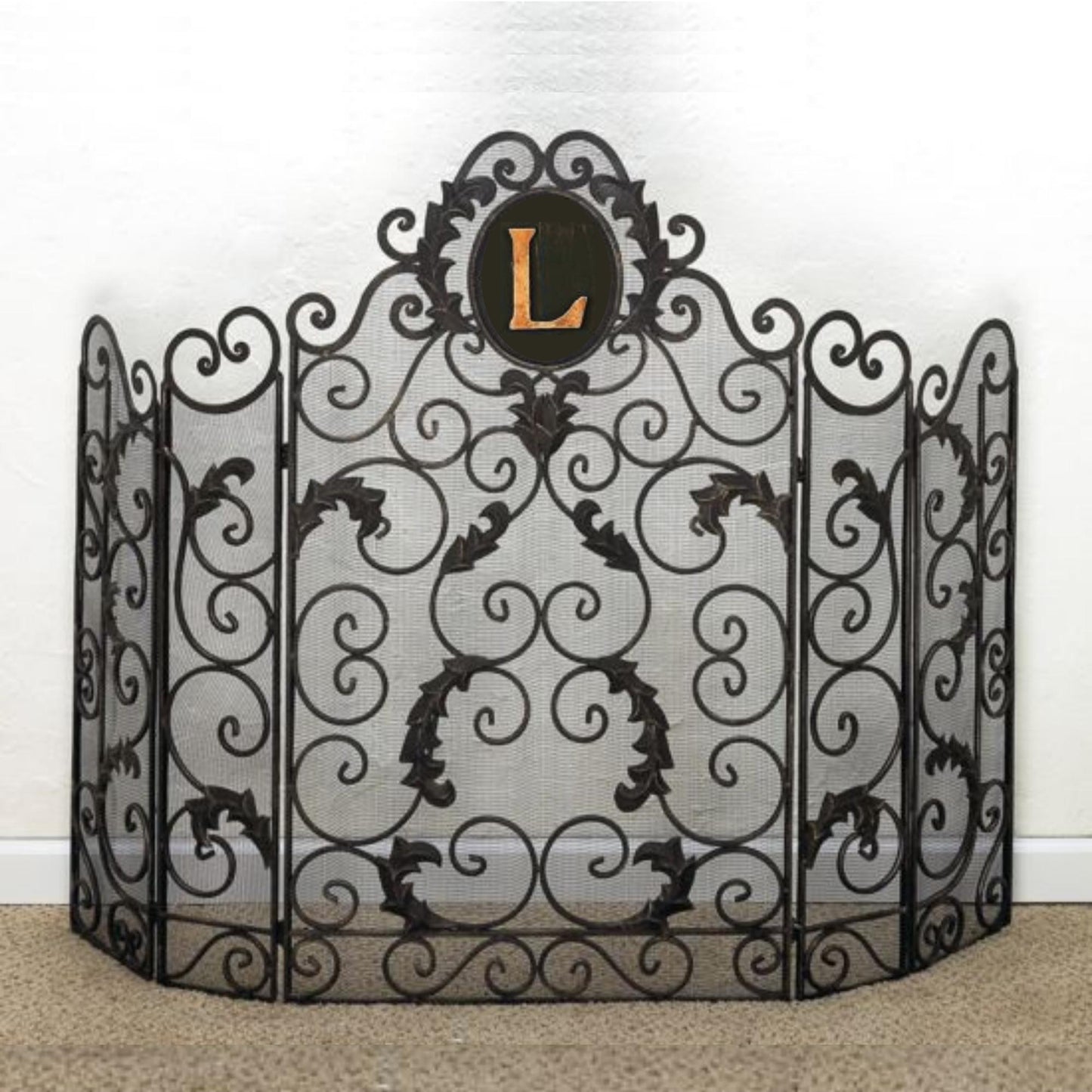 Monogrammed Iron Fire Screen - Five Panel Fireplace Screen with Mesh Backing with Monogram L | INSIDE OUT | InsideOutCatalog.com