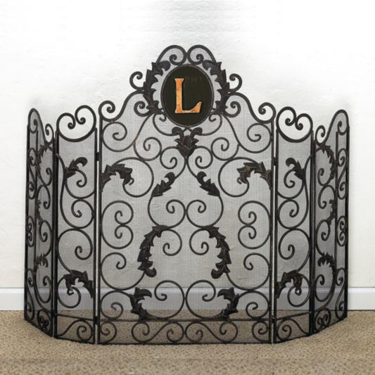Monogrammed Iron Fire Screen - Five Panel Fireplace Screen with Mesh Backing with Monogram L | INSIDE OUT | InsideOutCatalog.com
