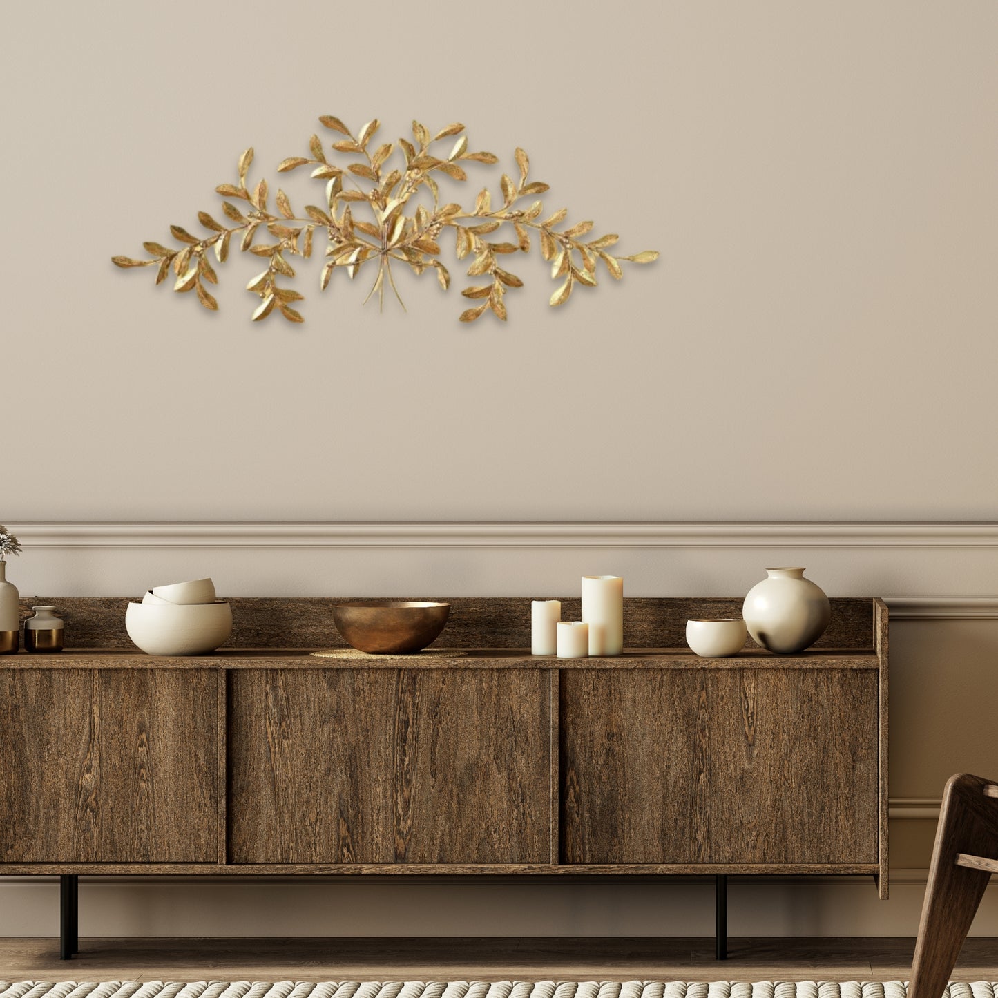 Large Italian Gold Iron and Tole Wall Decor - Olive Leaf Iron Wall Grille above a wooden sideboard in a room | InsideOutCatalog.com