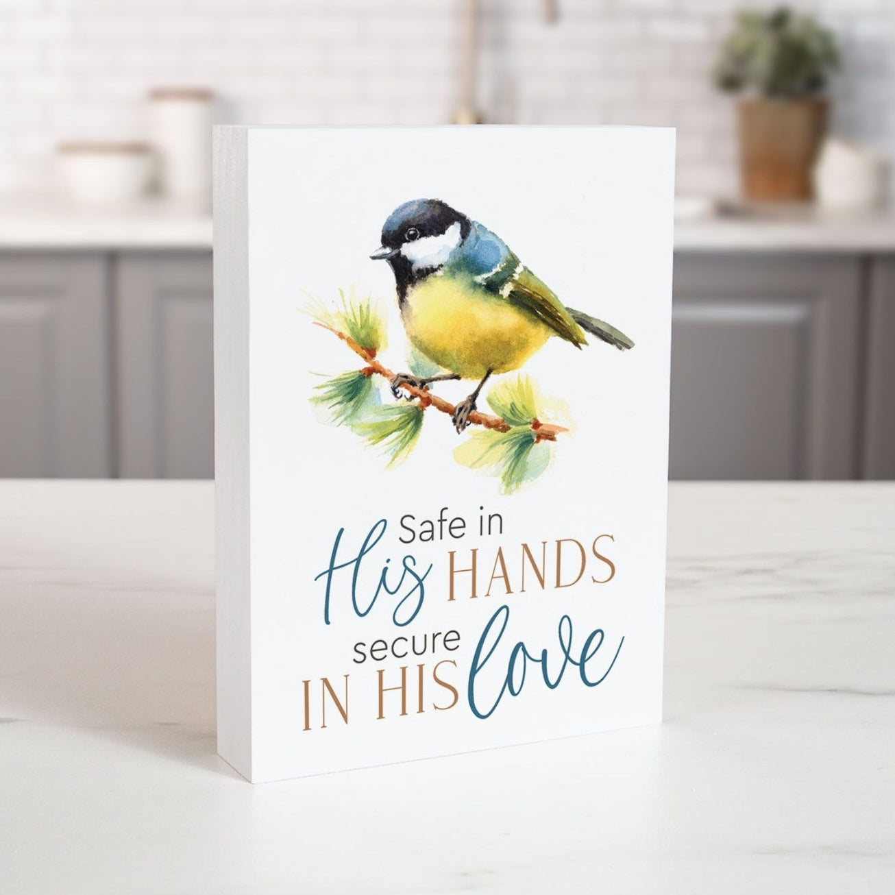 Inspirational Wood Block with Bird Artwork - Safe in His Hands, Secure in His Love on Kitchen Island | InsideOutCatalog.com