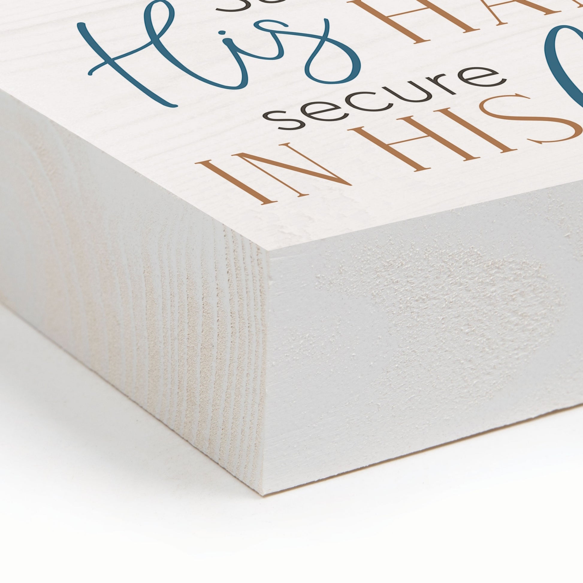 Corner Detail of Inspirational Wood Block with Bird Artwork - Safe in His Hands, Secure in His Love | InsideOutCatalog.com