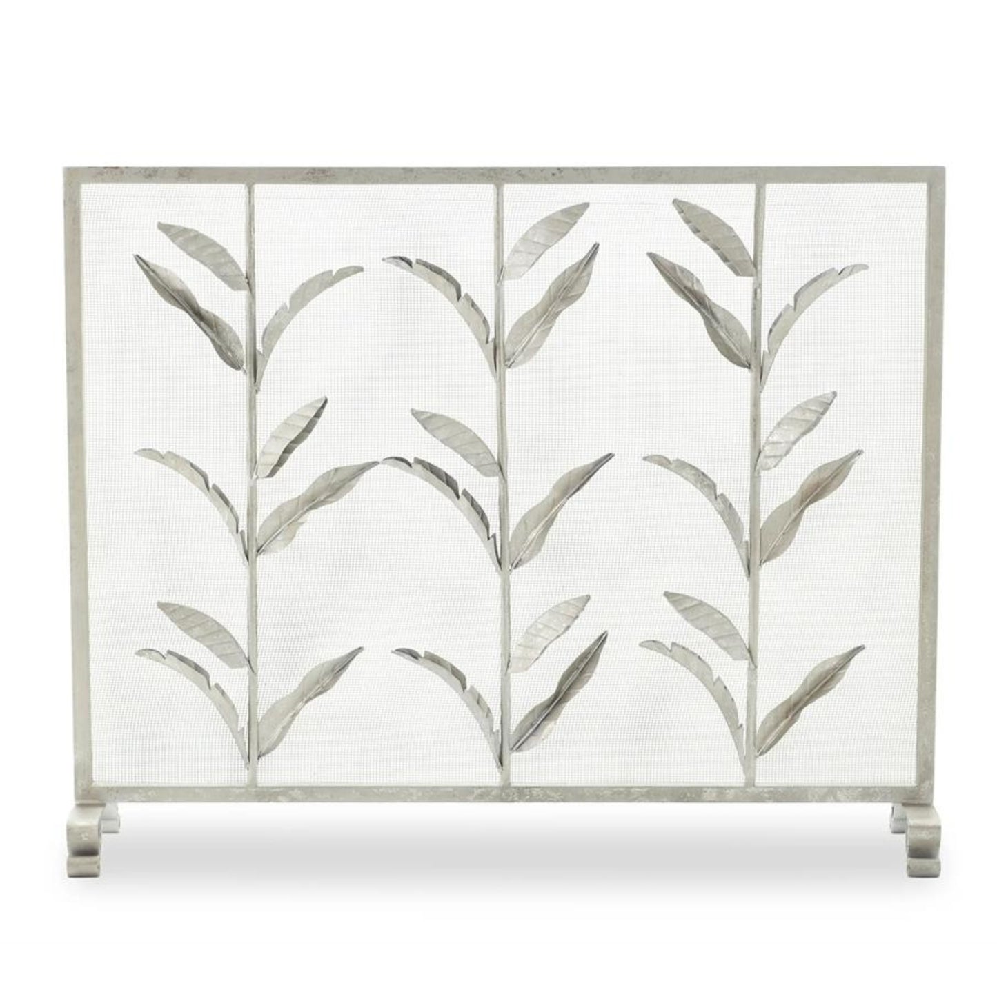 Silver Leaf Design Iron Fire Screen - Single Panel Fireplace Screen with Mesh Backing | INSIDE OUT - InsideOutCatalog.com